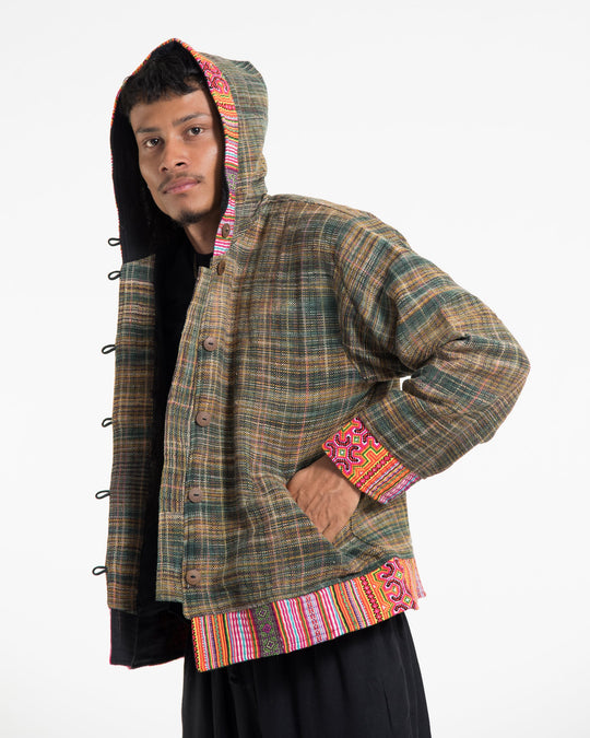 Light Hooded Button Hand-Woven Cotton Embroidered Jacket in Green