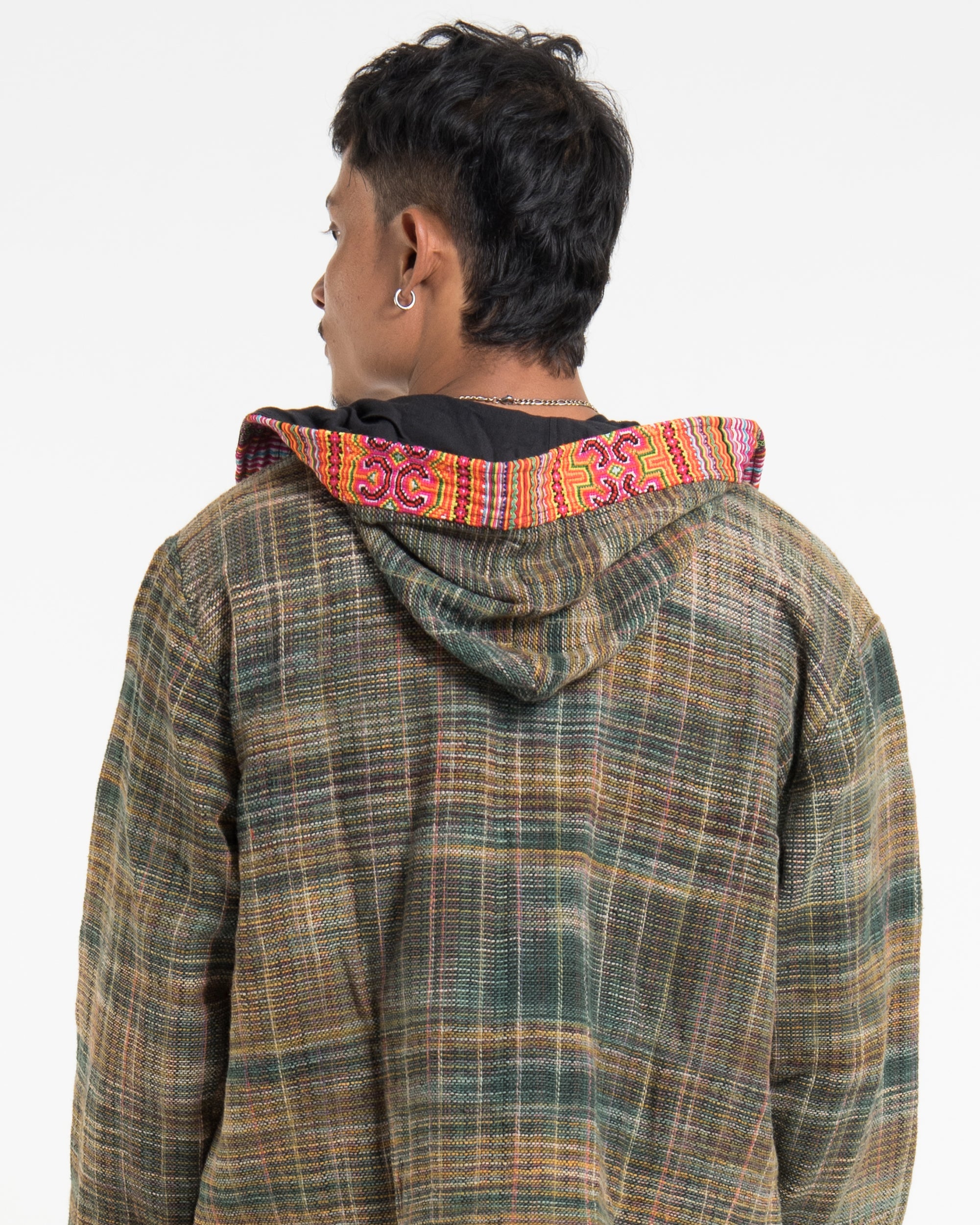 Light Hooded Button Hand-Woven Cotton Embroidered Jacket in Green