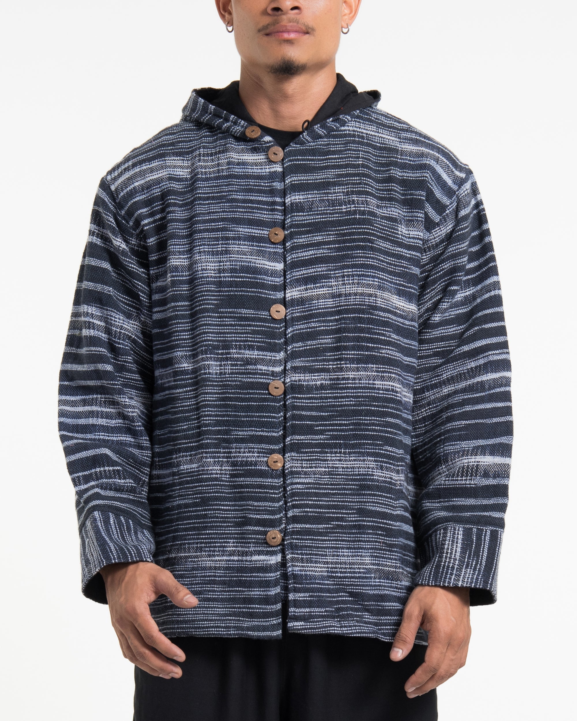 Light Hooded Button Hand-Woven Cotton Jacket in Navy