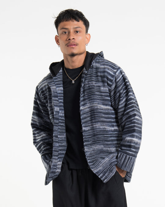 Light Hooded Button Hand-Woven Cotton Jacket in Navy