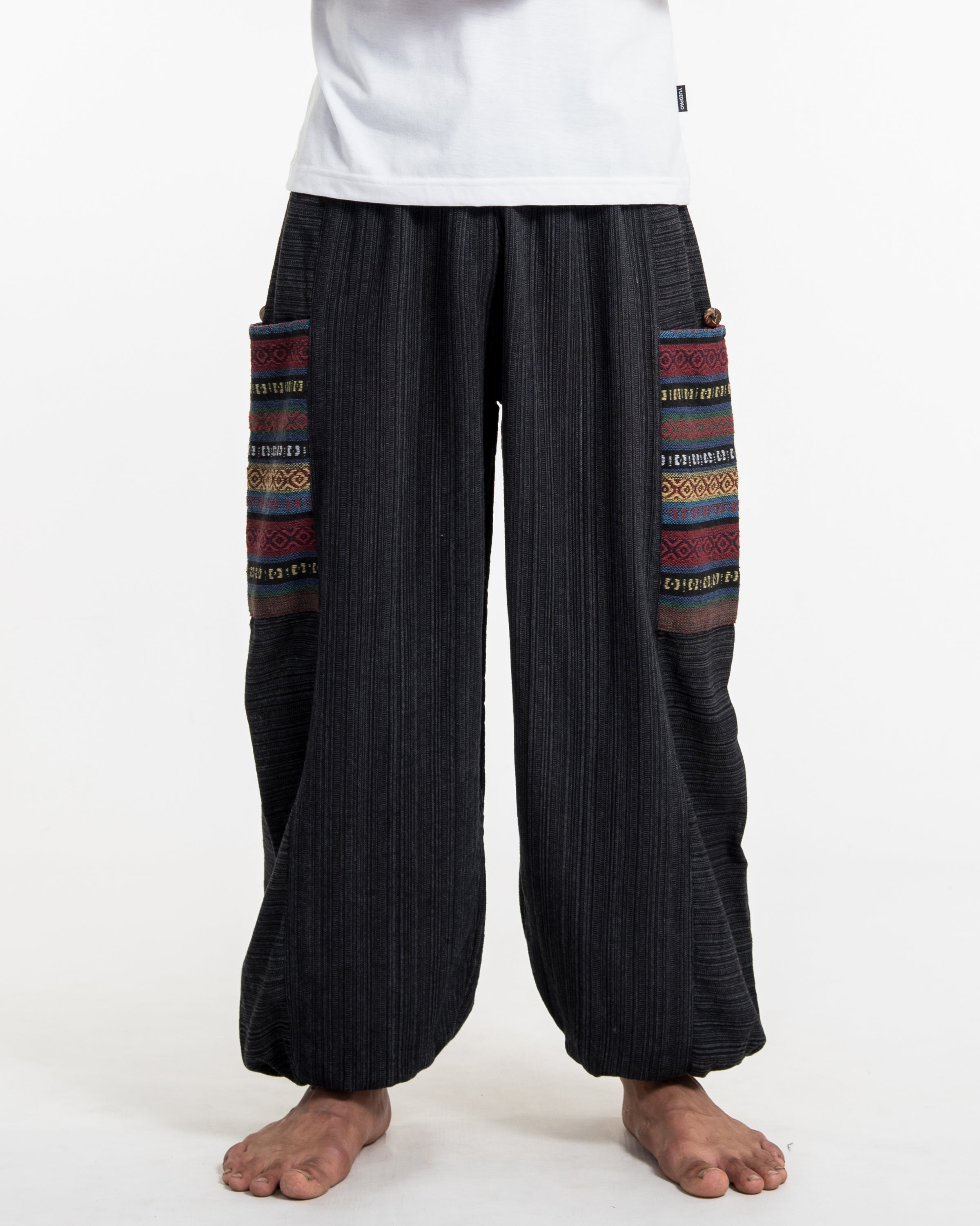 Men's Drawstring Pinstripes Cotton Pants with Aztec Pocket in Black