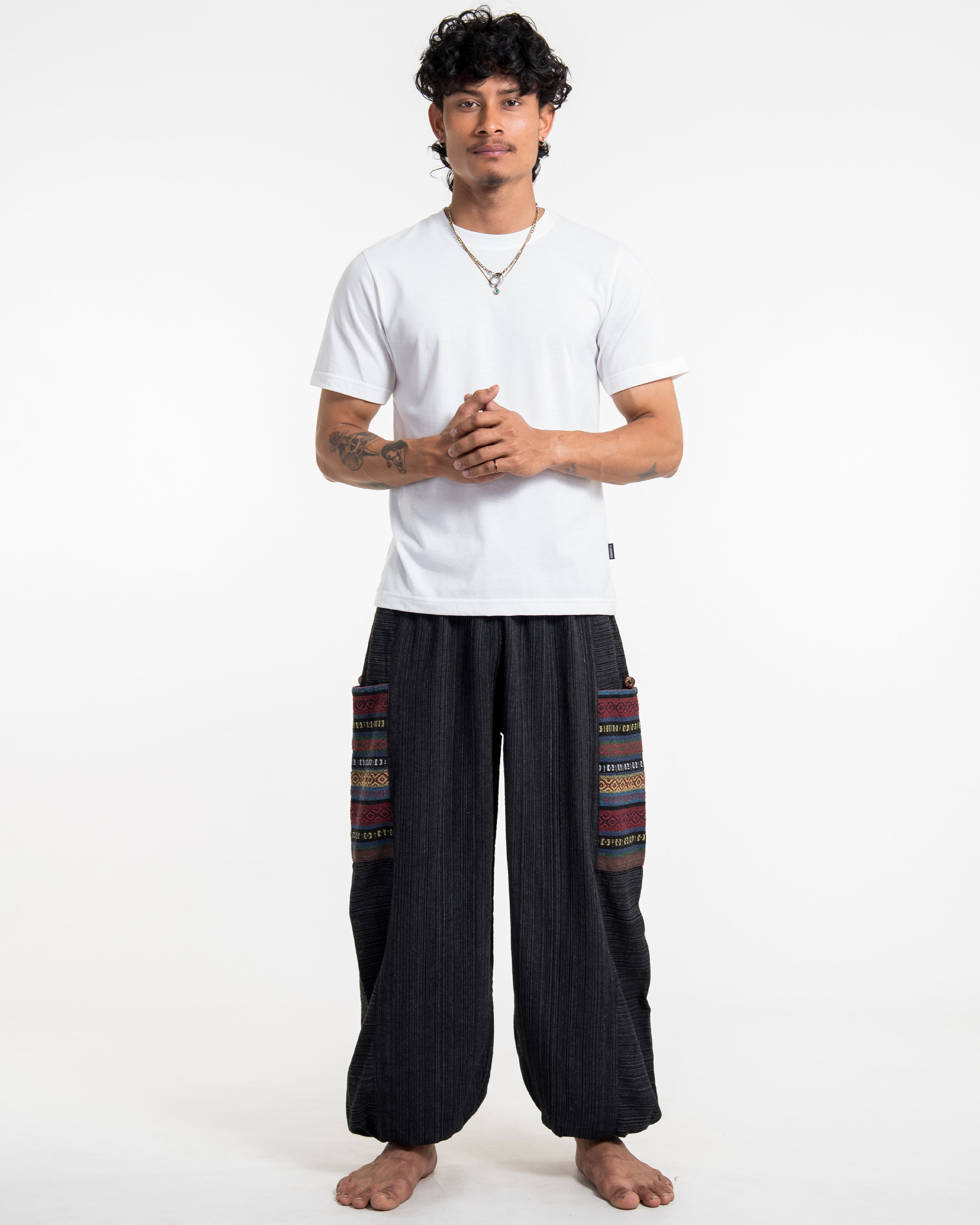 Men's Drawstring Pinstripes Cotton Pants with Aztec Pocket in Black