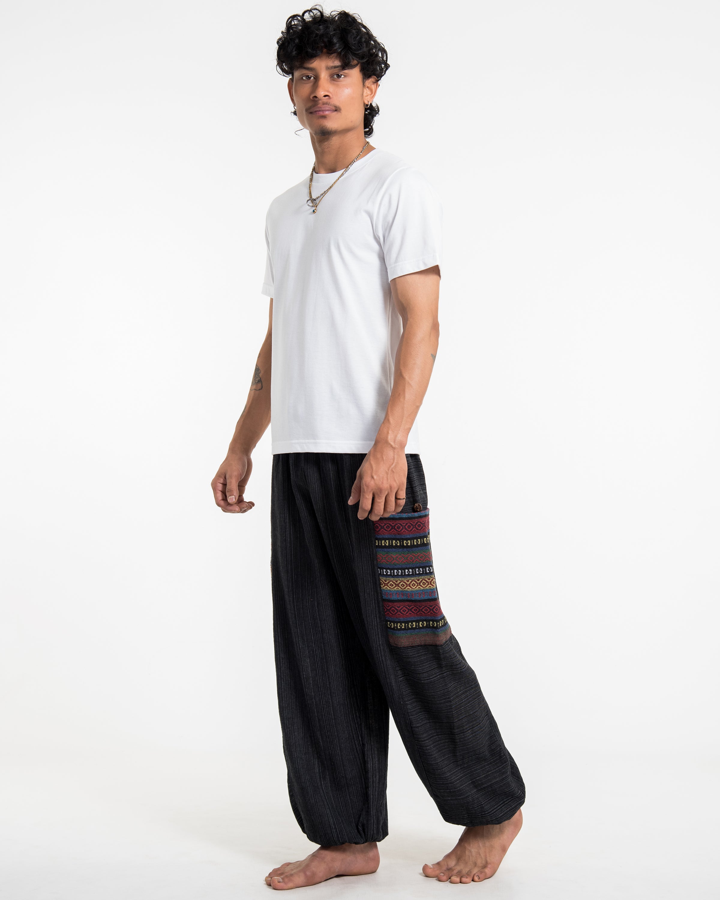 Men's Drawstring Pinstripes Cotton Pants with Aztec Pocket in Black