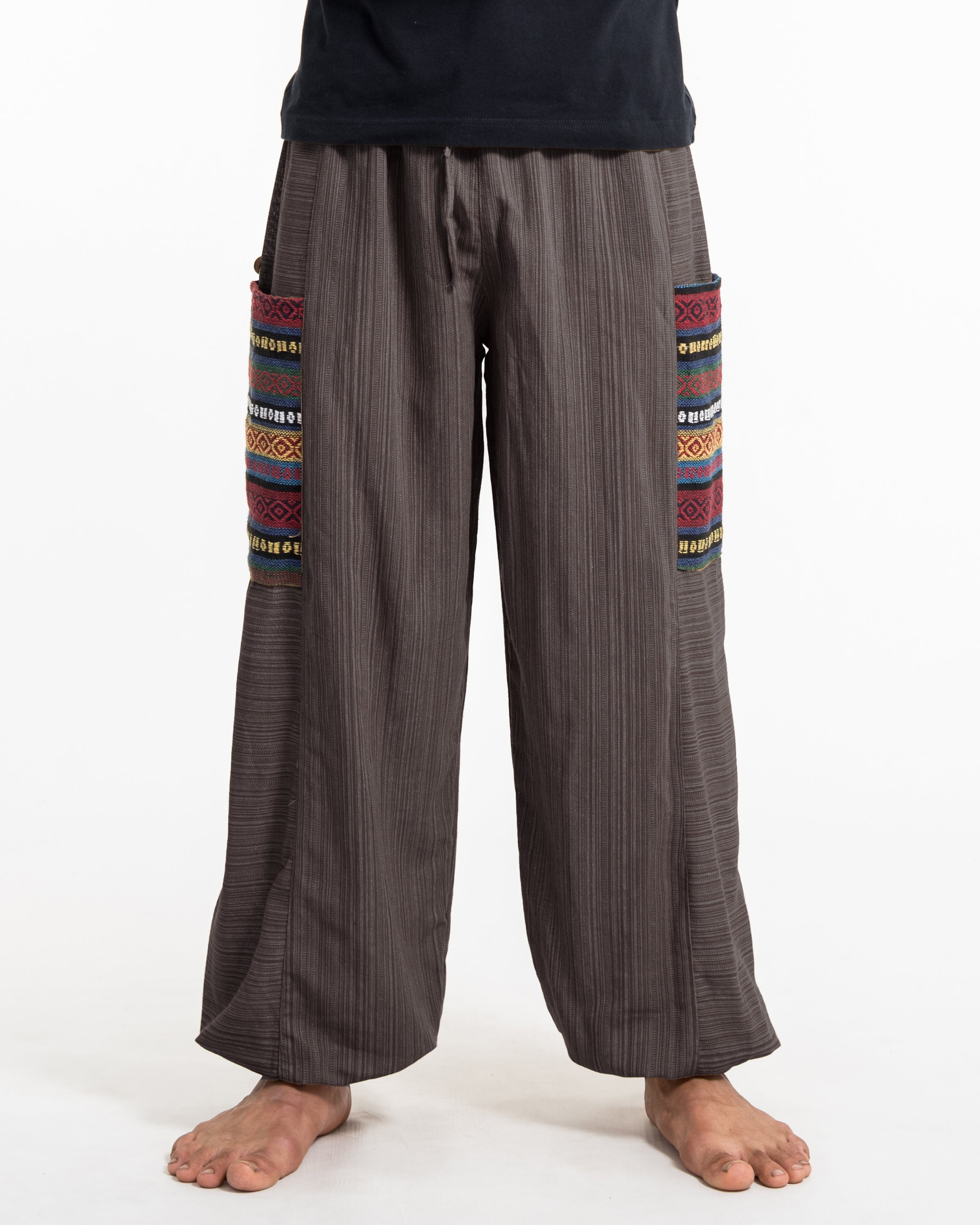 Men's Drawstring Pinstripes Cotton Pants with Aztec Pocket in Brown