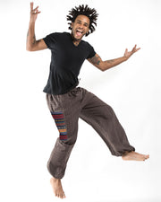 Men's Drawstring Pinstripes Cotton Pants with Aztec Pocket in Brown