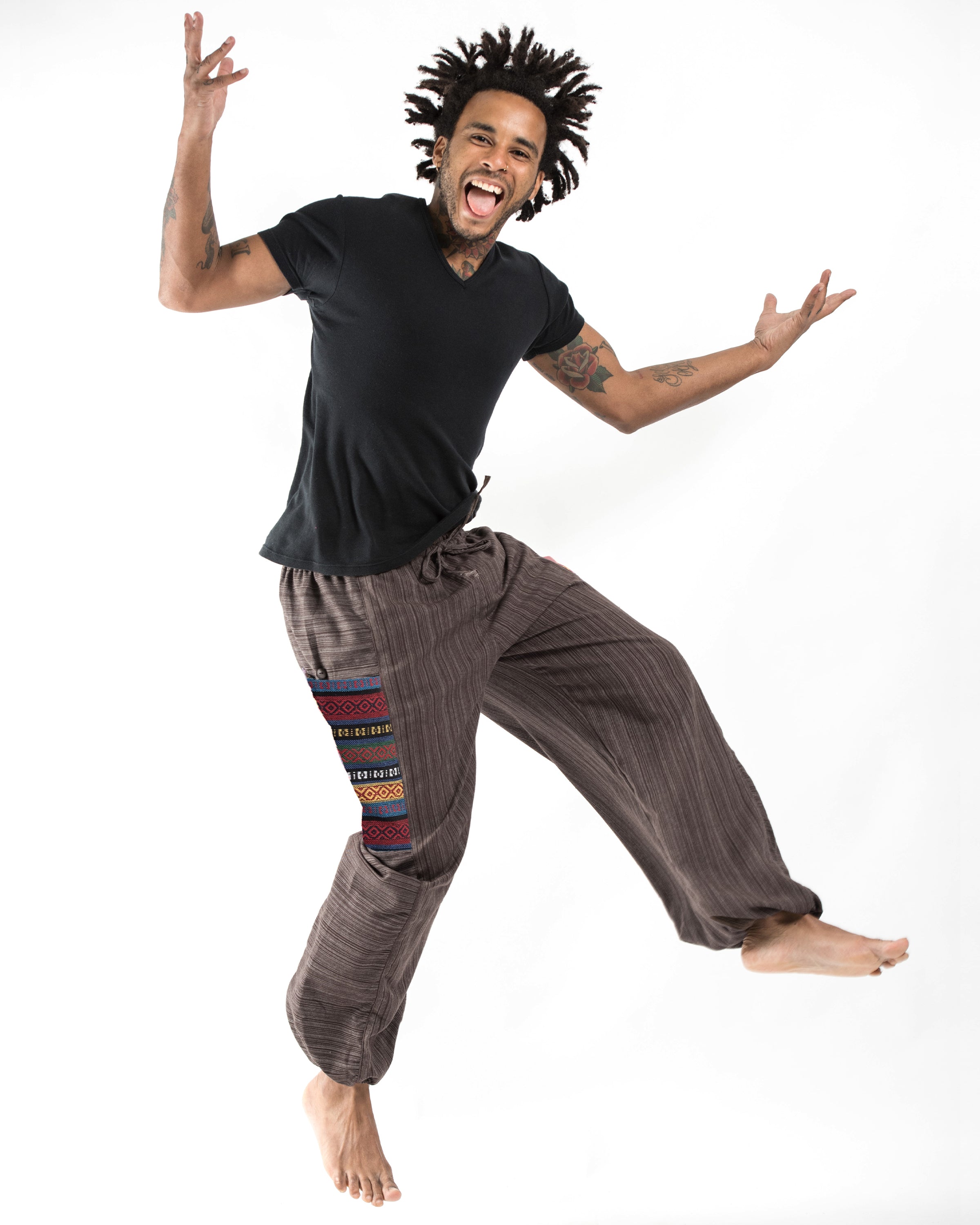 Men's Drawstring Pinstripes Cotton Pants with Aztec Pocket in Brown
