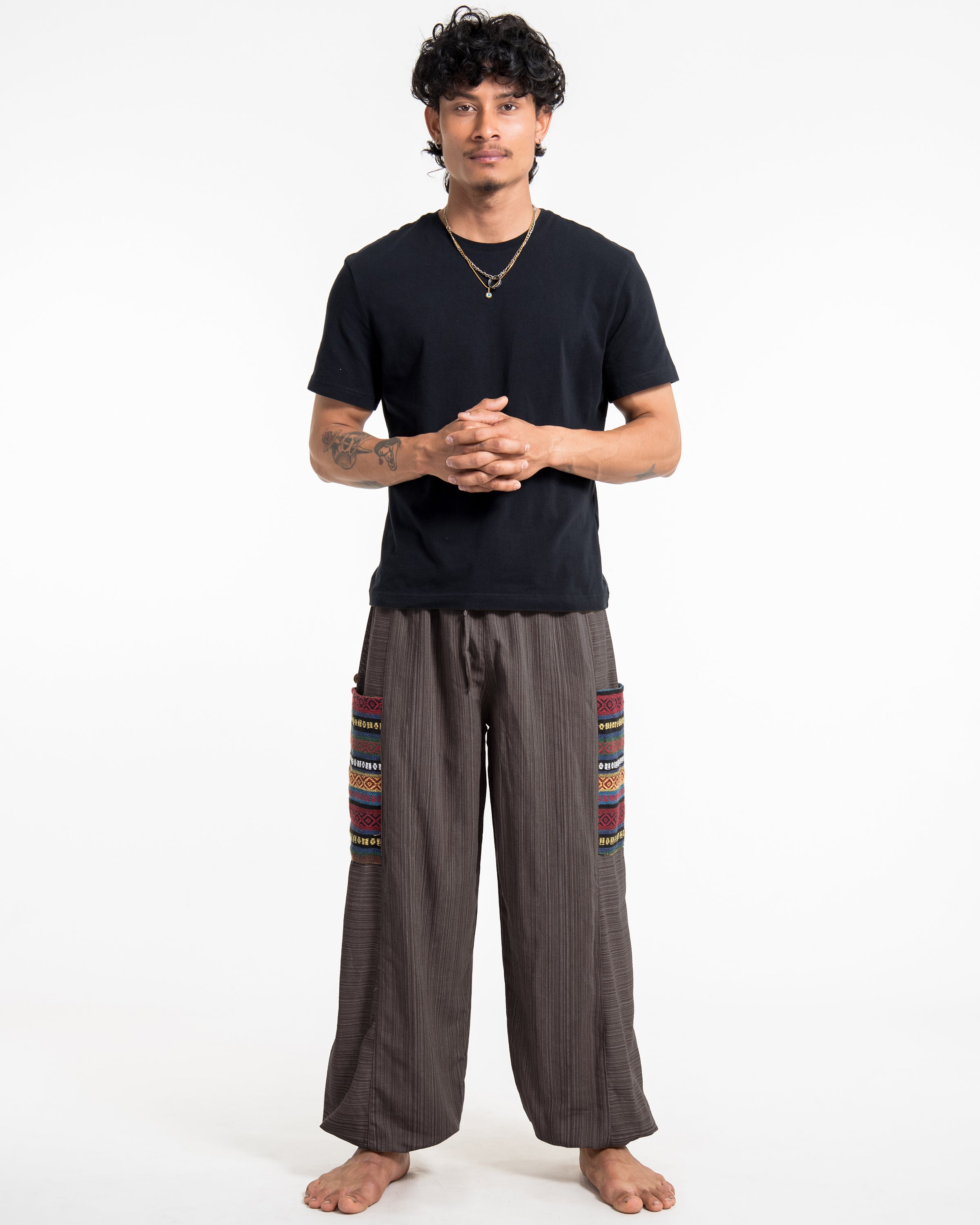 Men's Drawstring Pinstripes Cotton Pants with Aztec Pocket in Brown