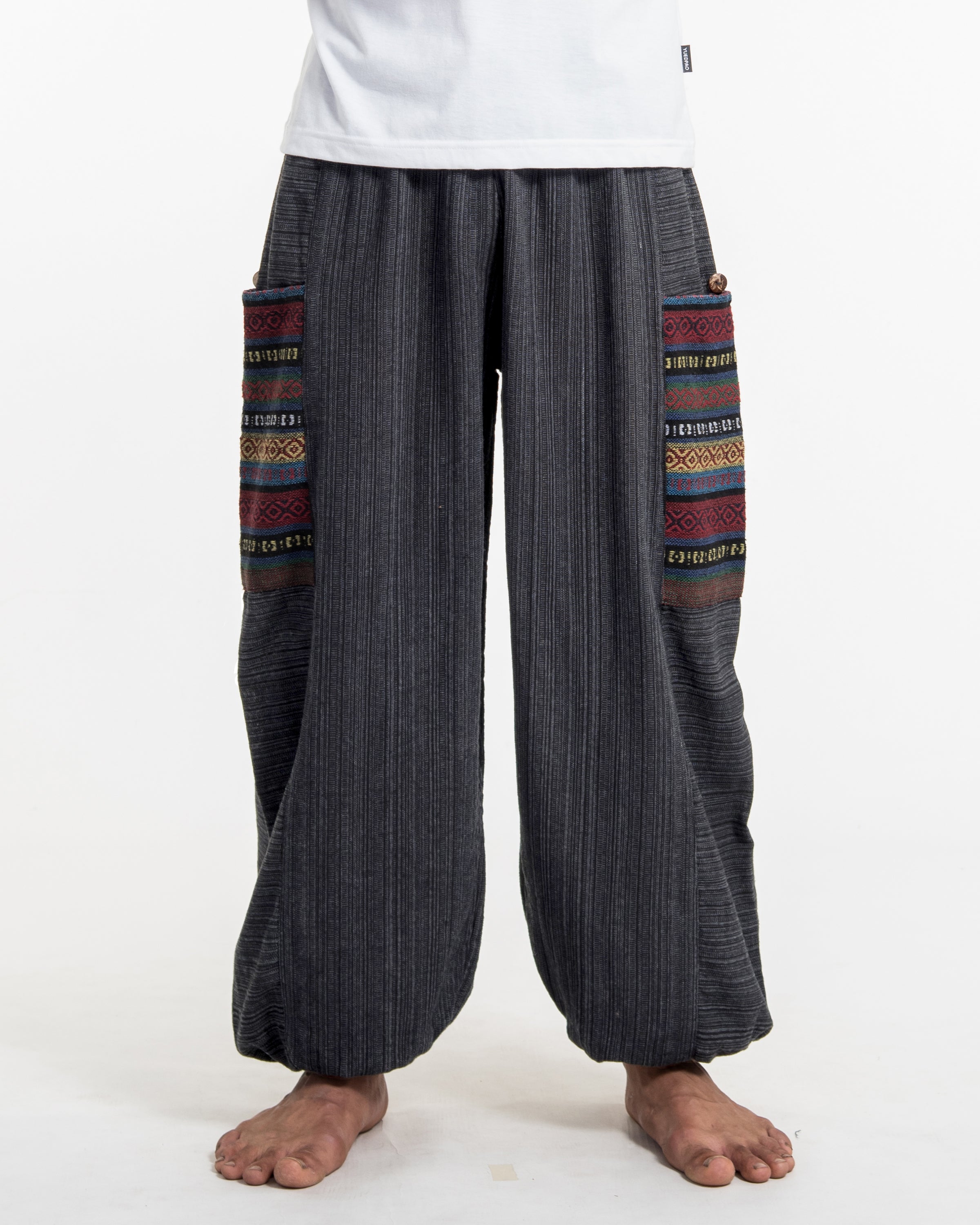 Men's Drawstring Pinstripes Cotton Pants with Aztec Pocket in Dark Gray