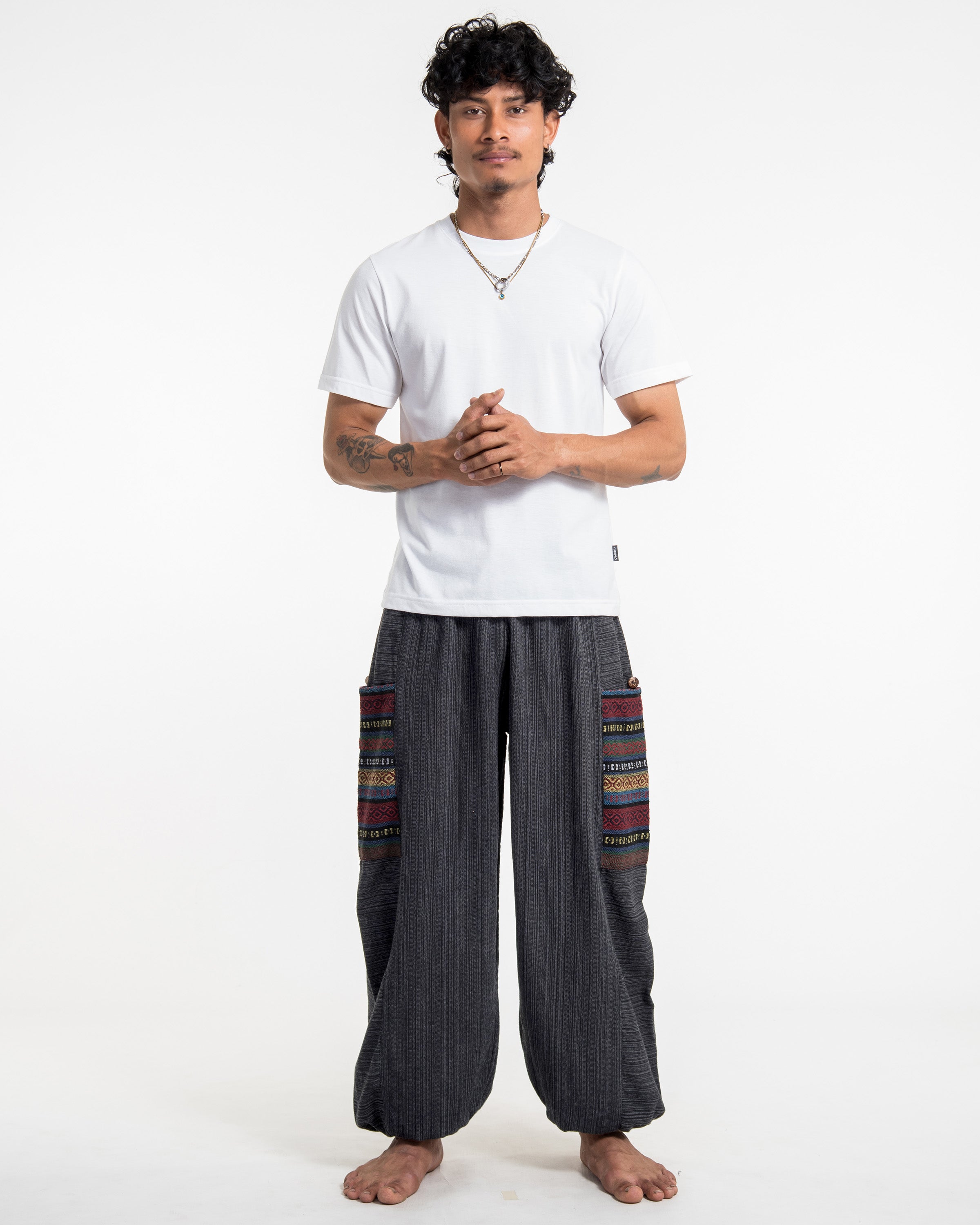 Men's Drawstring Pinstripes Cotton Pants with Aztec Pocket in Dark Gray
