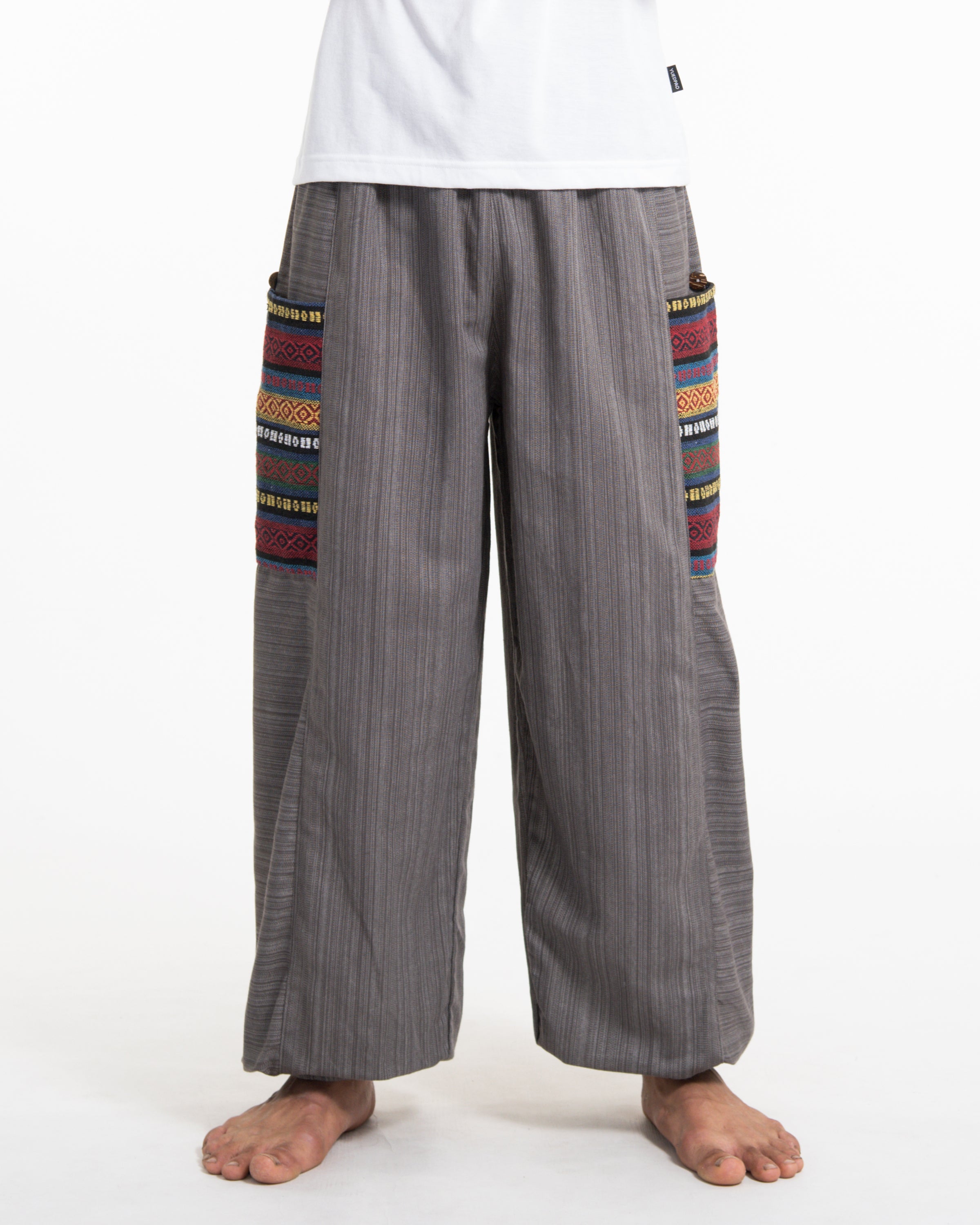 Men's Drawstring Pinstripes Cotton Pants with Aztec Pocket in Gray