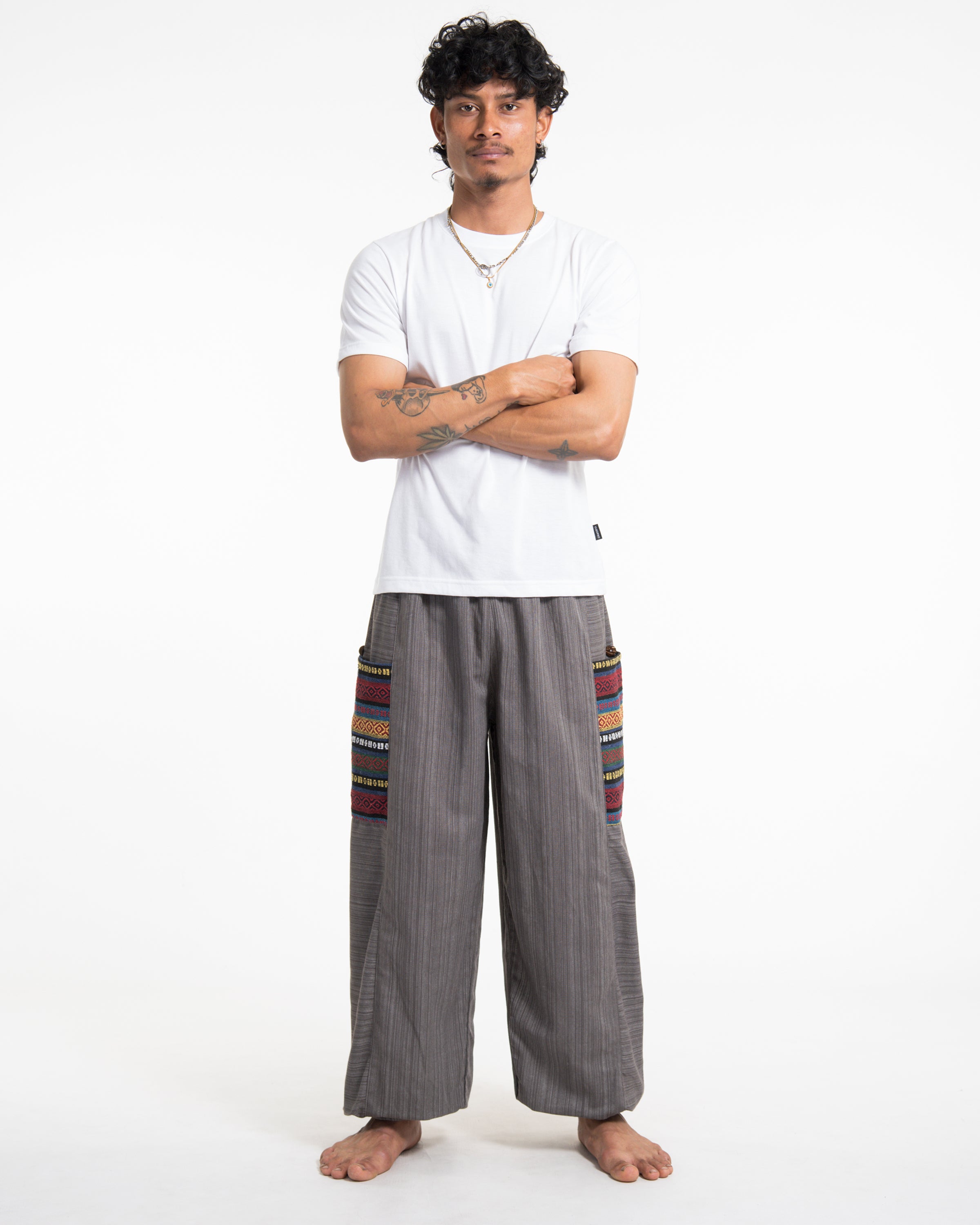 Men's Drawstring Pinstripes Cotton Pants with Aztec Pocket in Gray