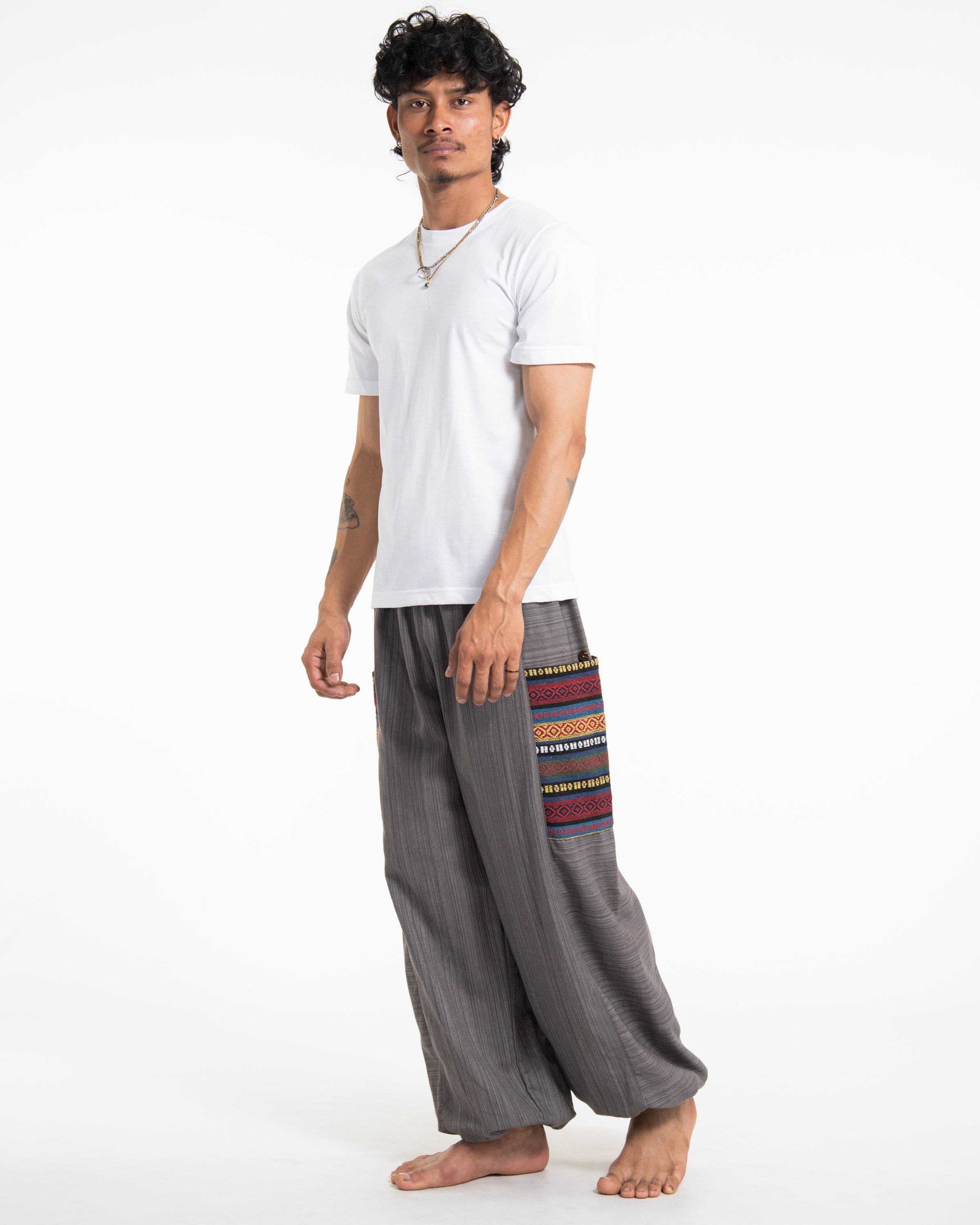 Men's Drawstring Pinstripes Cotton Pants with Aztec Pocket in Gray