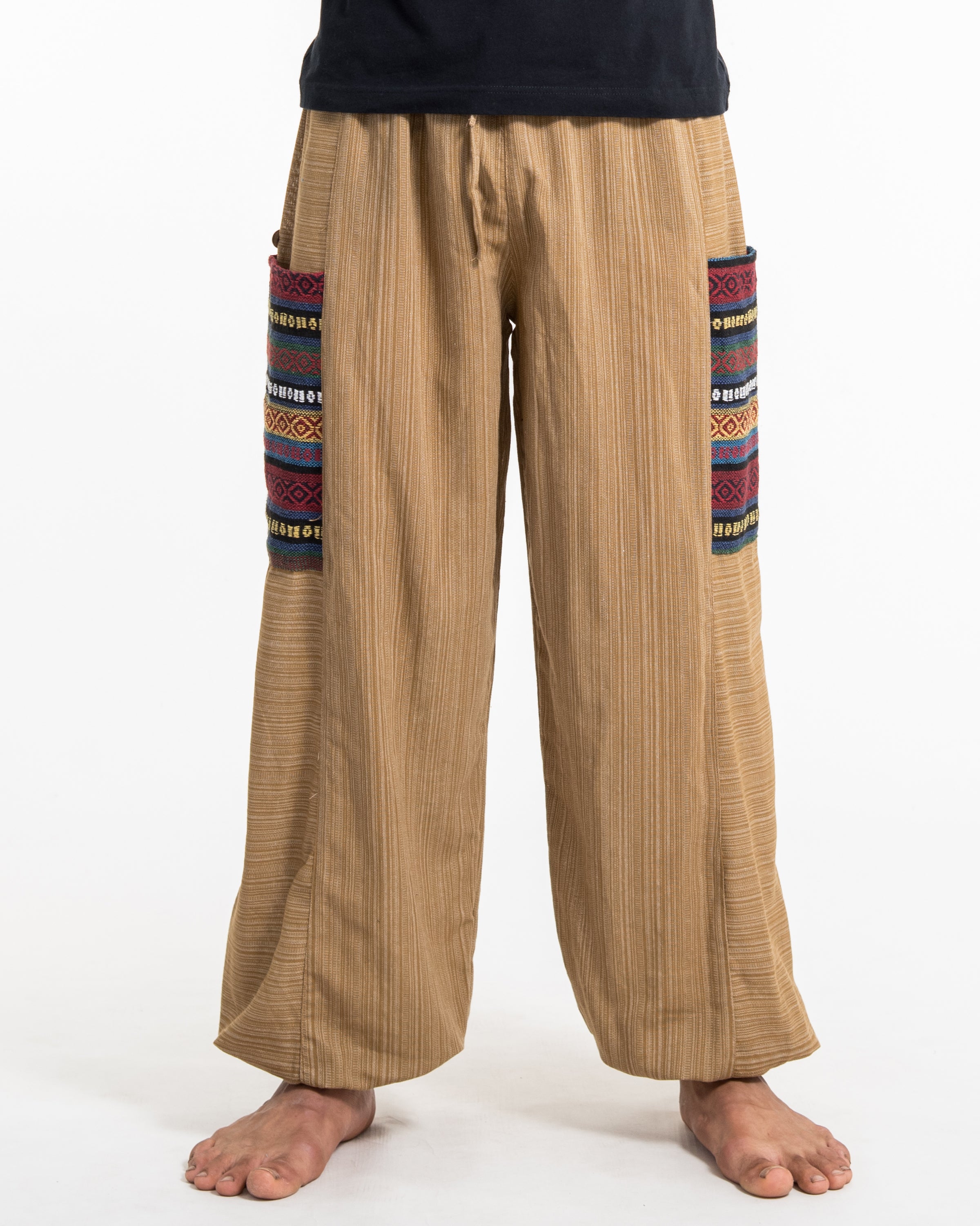 Men's Drawstring Pinstripes Cotton Pants with Aztec Pocket in Light Brown