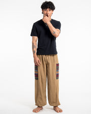 Men's Drawstring Pinstripes Cotton Pants with Aztec Pocket in Light Brown