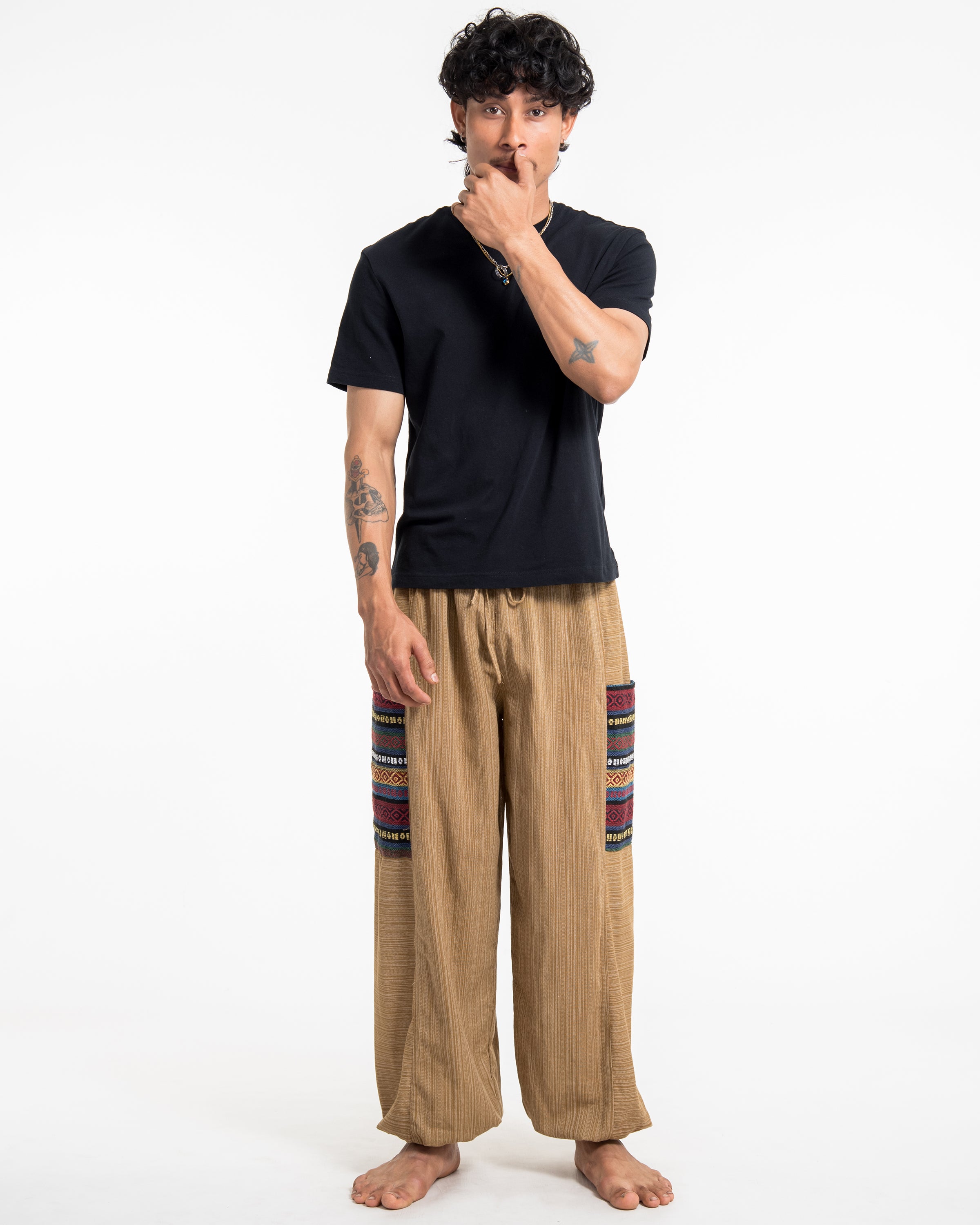 Men's Drawstring Pinstripes Cotton Pants with Aztec Pocket in Light Brown