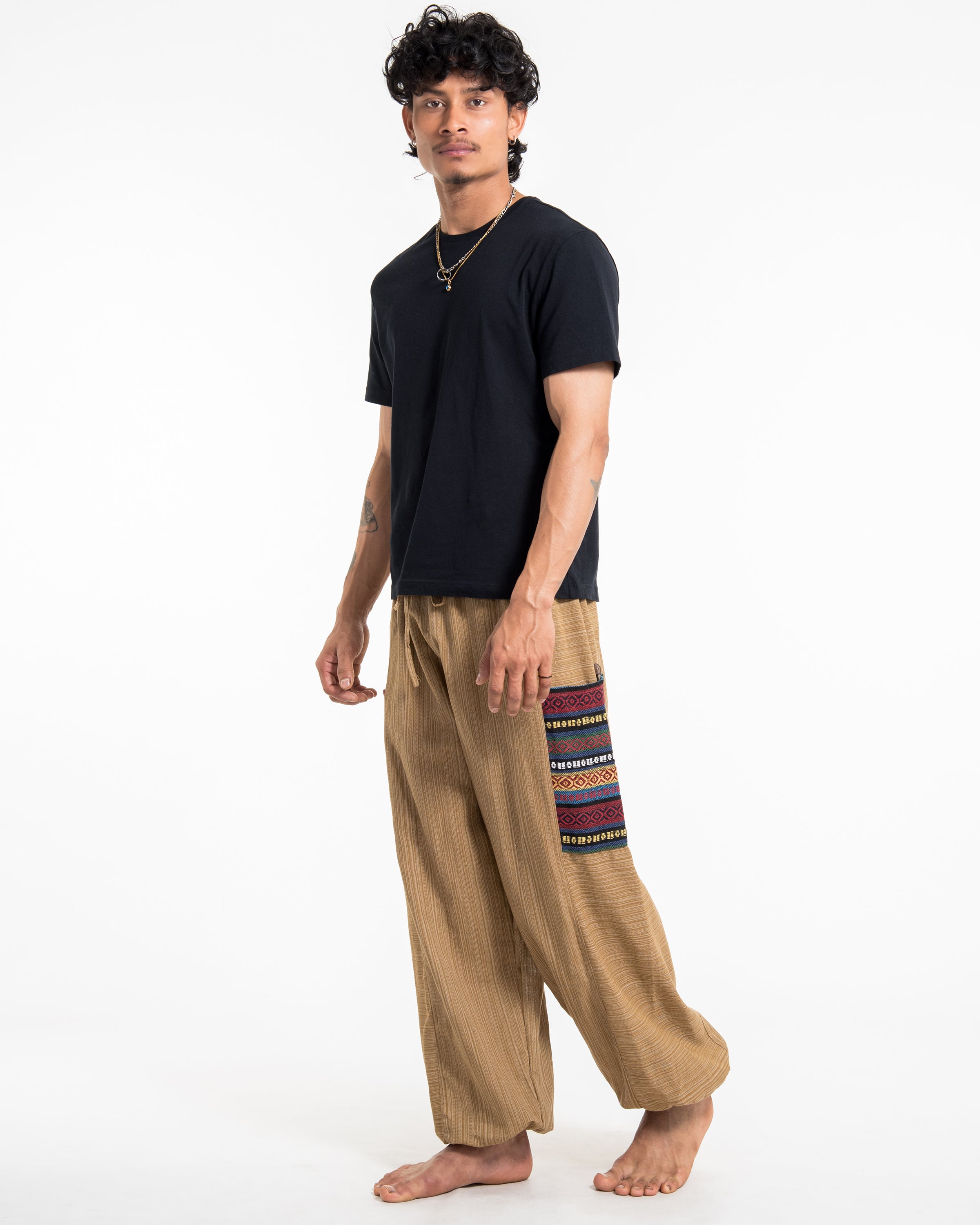 Men's Drawstring Pinstripes Cotton Pants with Aztec Pocket in Light Brown