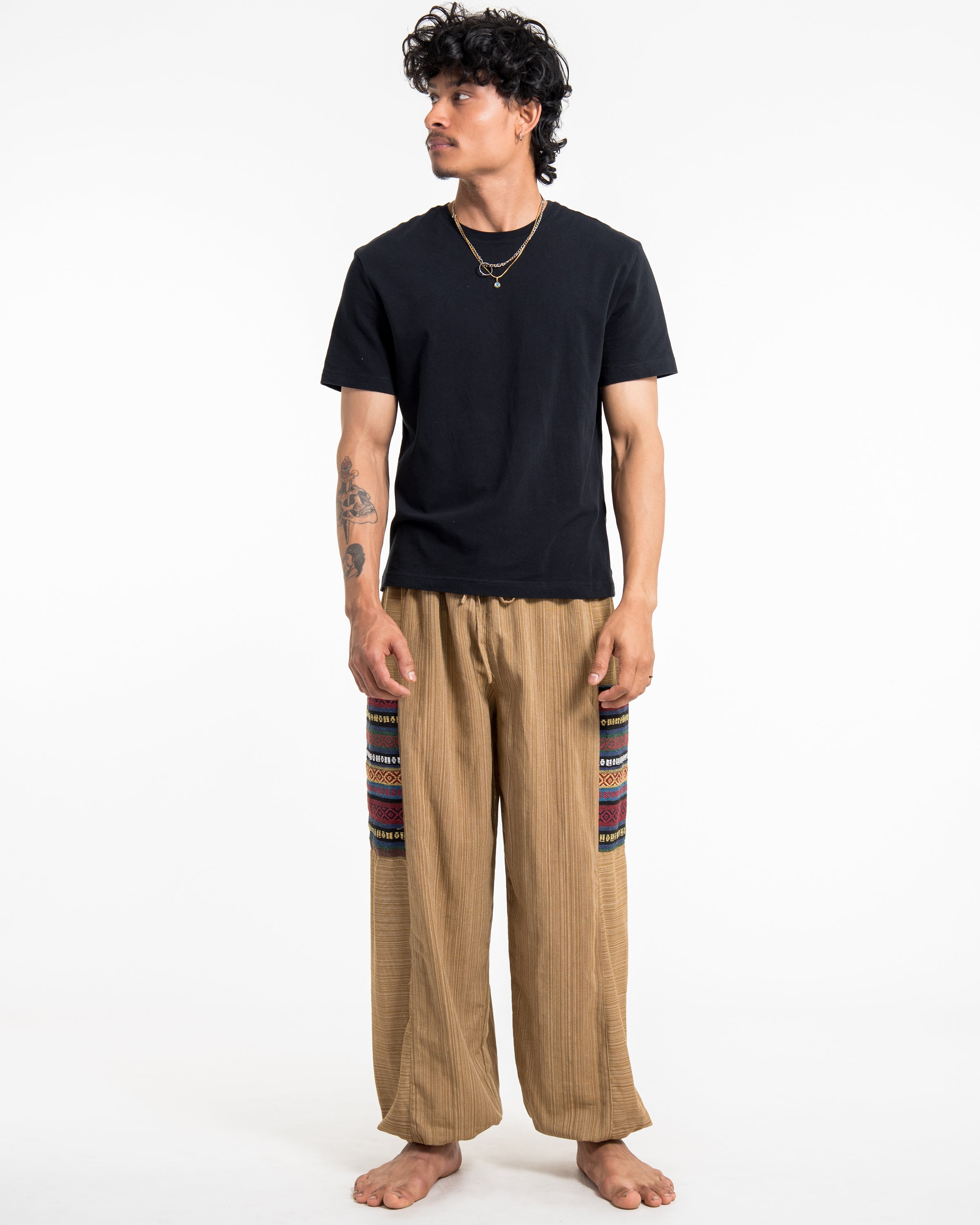 Men's Drawstring Pinstripes Cotton Pants with Aztec Pocket in Light Brown