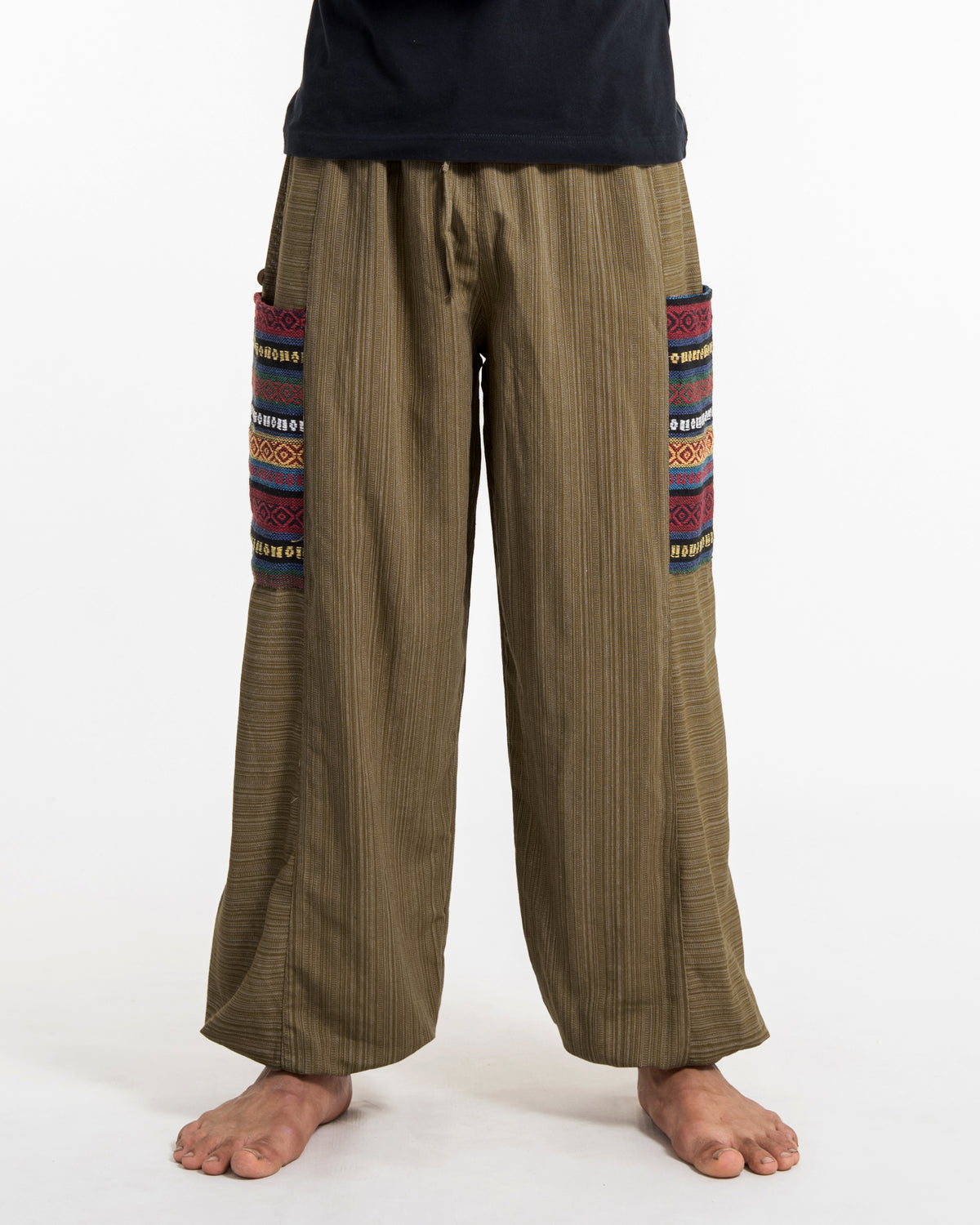 Men's Drawstring Pinstripes Cotton Pants with Aztec Pocket in Light Brown