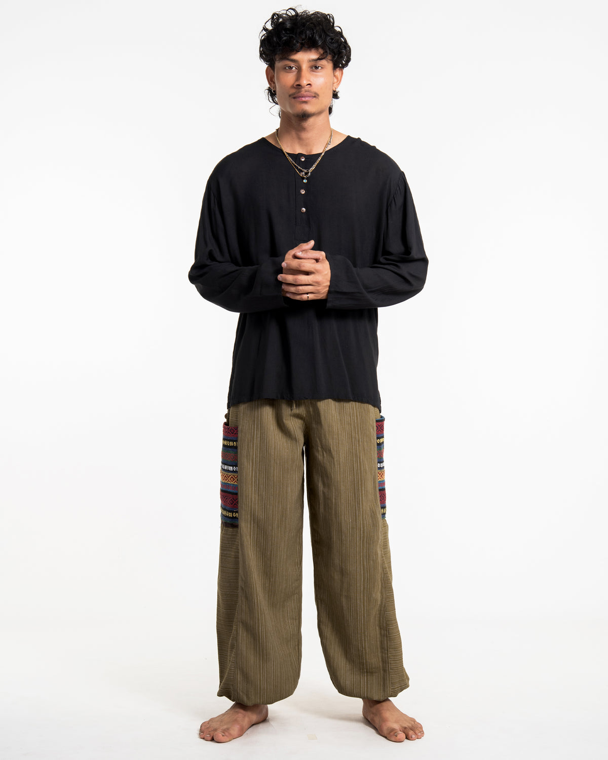 Men's Drawstring Pinstripes Cotton Pants with Aztec Pocket in Light Brown