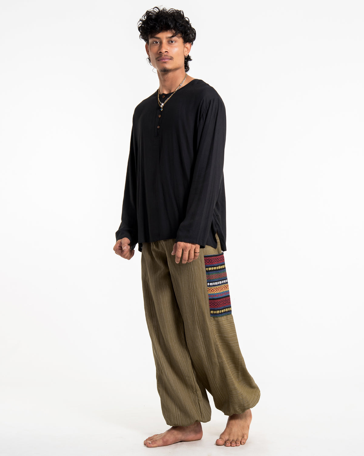 Men's Drawstring Pinstripes Cotton Pants with Aztec Pocket in Light Brown