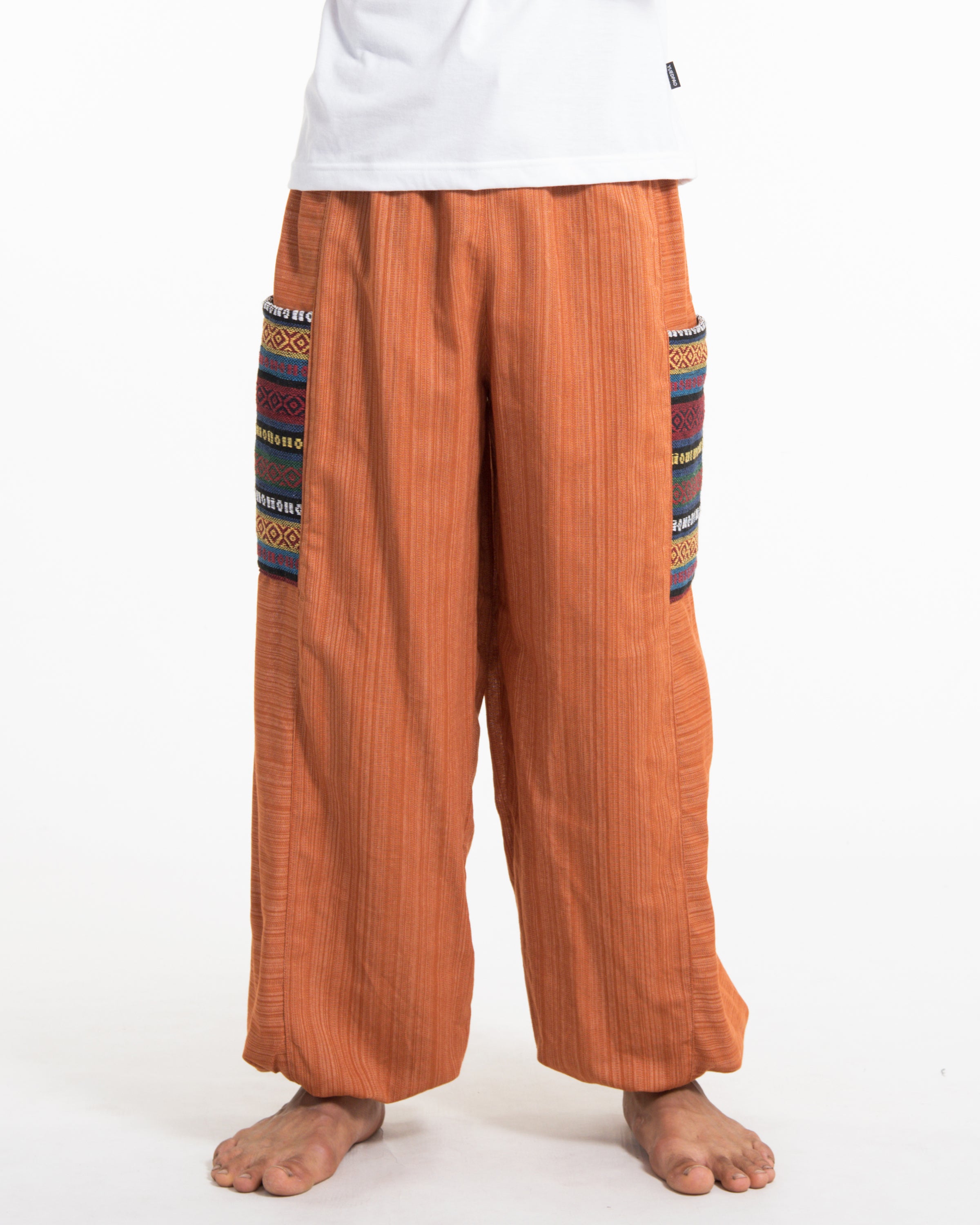 Men's Drawstring Pinstripes Cotton Pants with Aztec Pocket in Orange