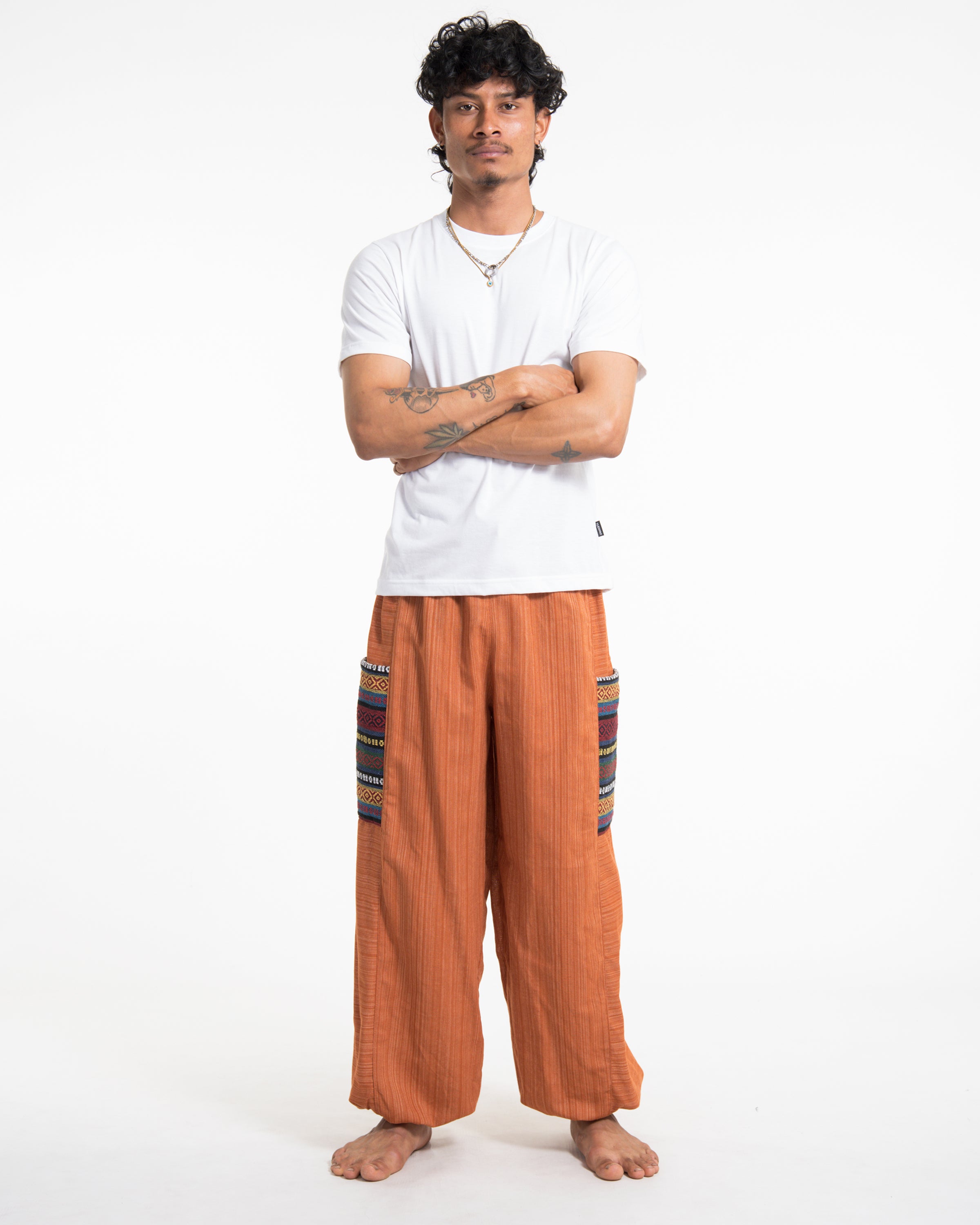 Men's Drawstring Pinstripes Cotton Pants with Aztec Pocket in Orange