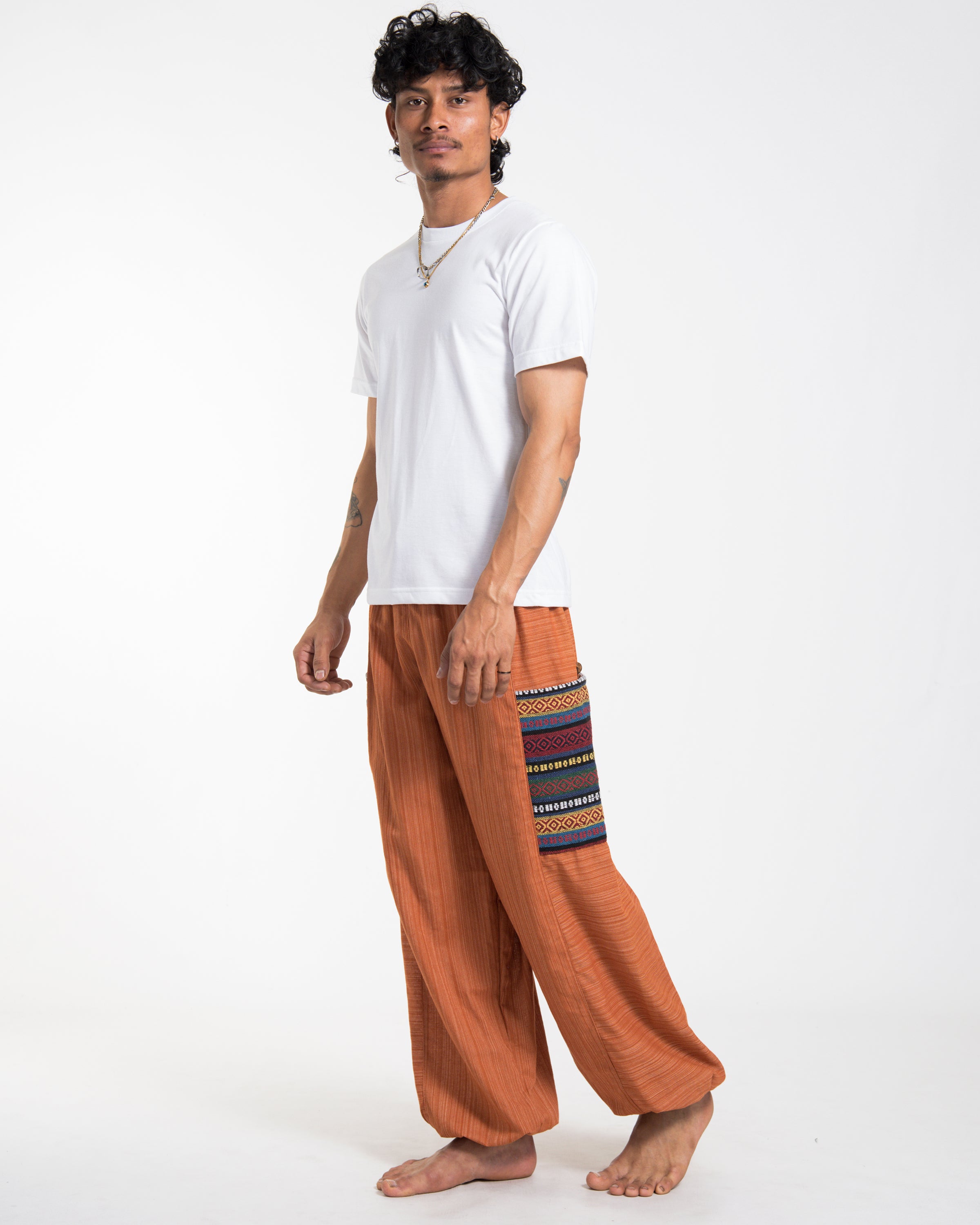 Men's Drawstring Pinstripes Cotton Pants with Aztec Pocket in Orange