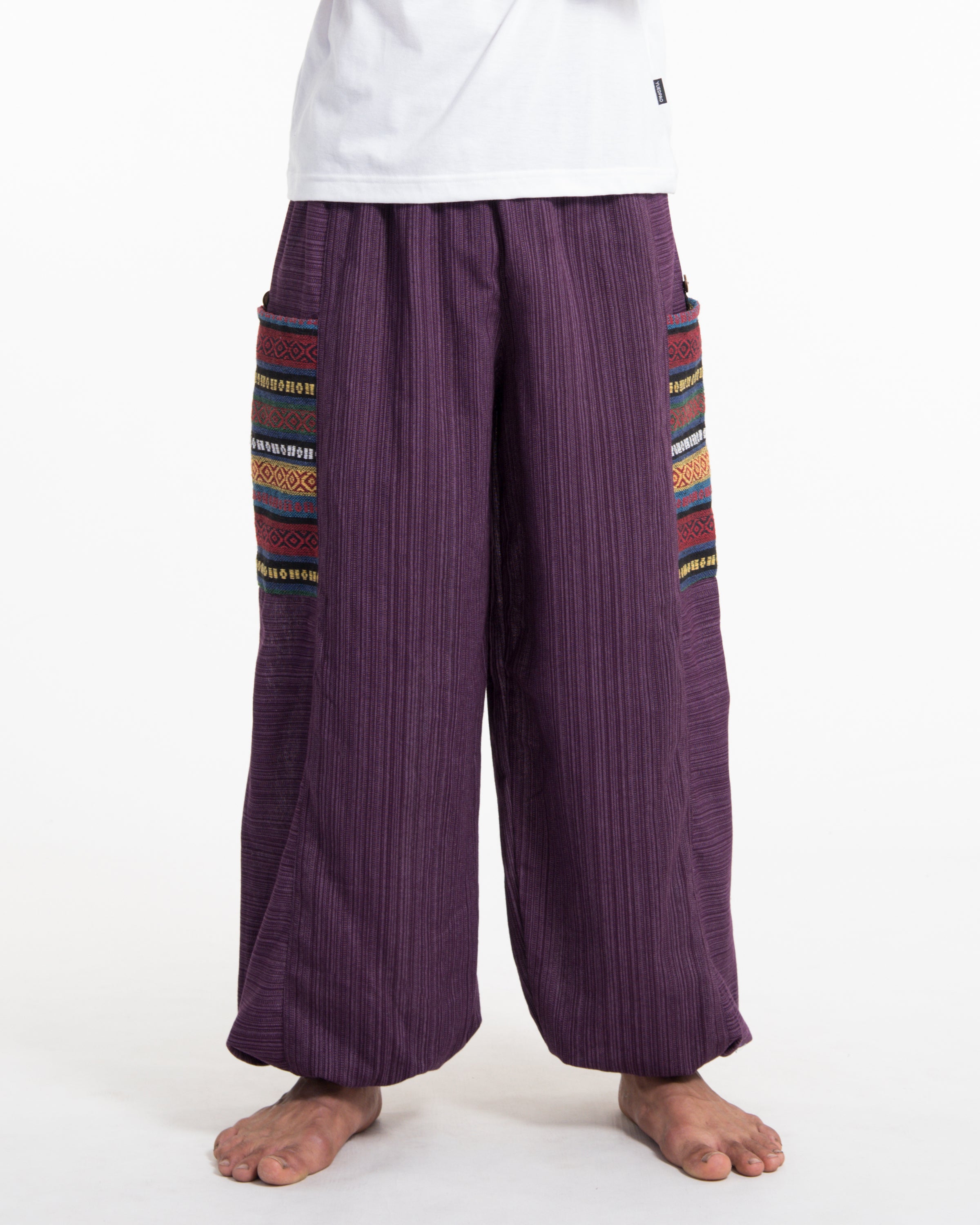 Men's Drawstring Pinstripes Cotton Pants with Aztec Pocket in Purple