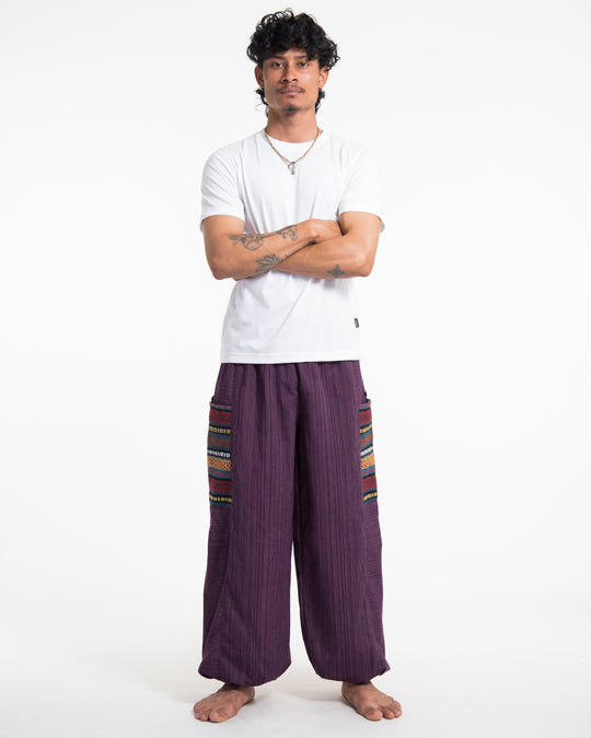 Men's Drawstring Pinstripes Cotton Pants with Aztec Pocket in Purple