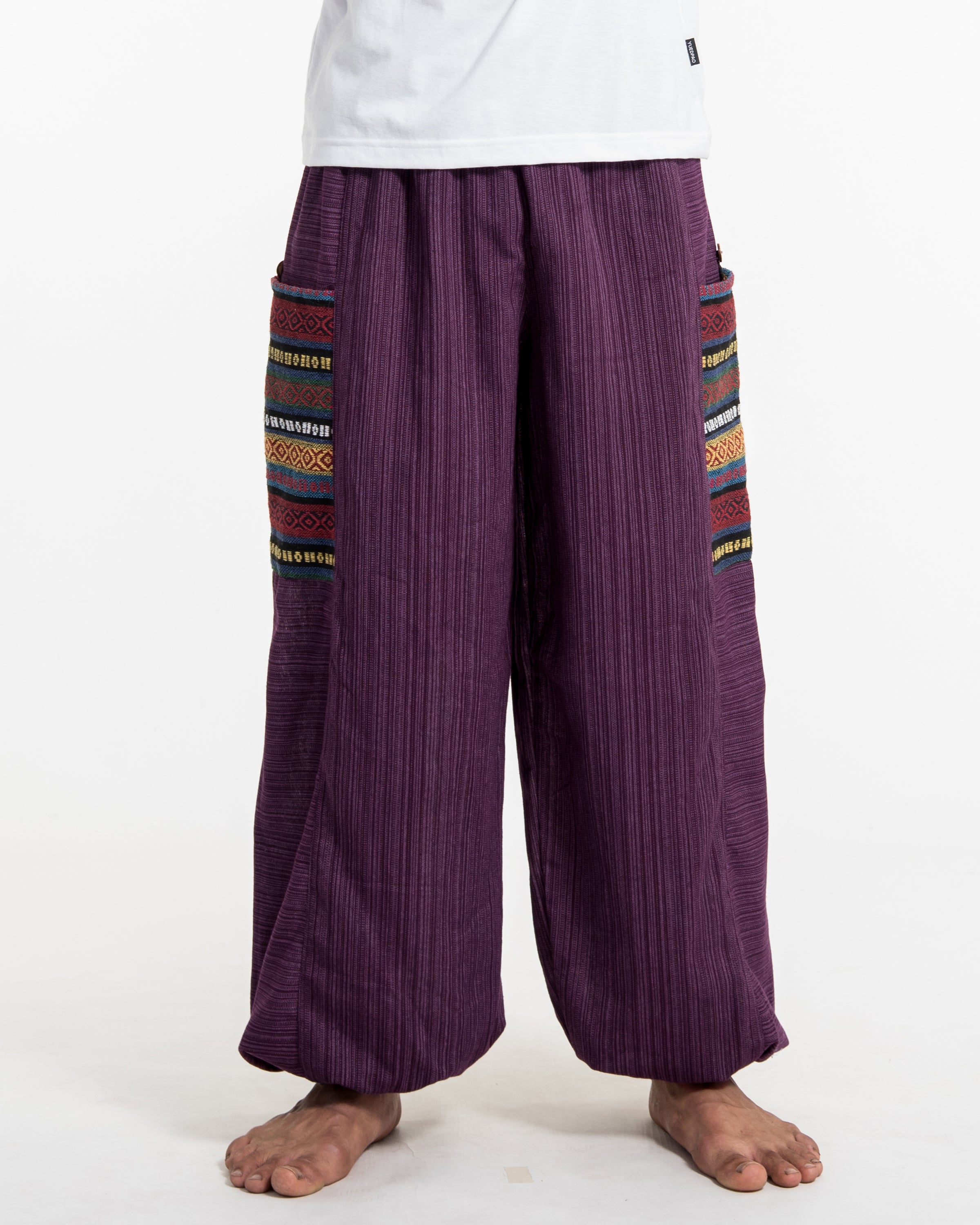Men's Drawstring Pinstripes Cotton Pants with Aztec Pocket in Purple