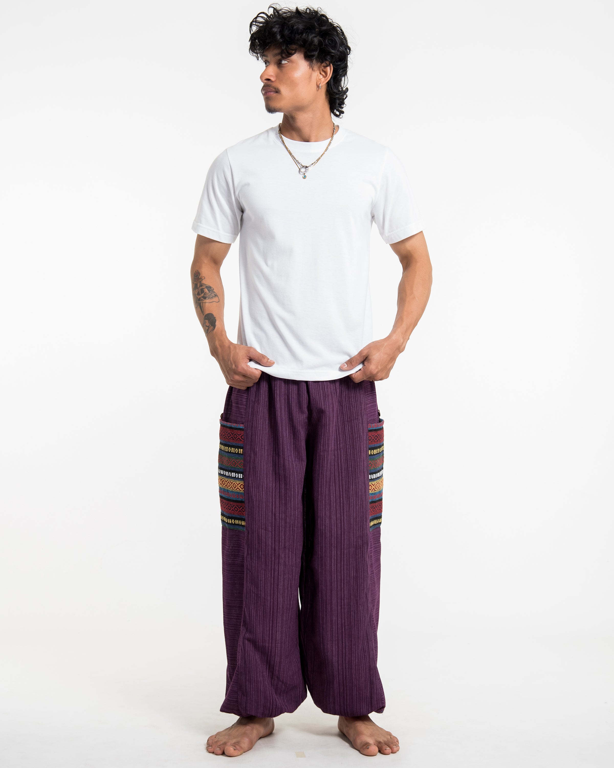 Men's Drawstring Pinstripes Cotton Pants with Aztec Pocket in Purple