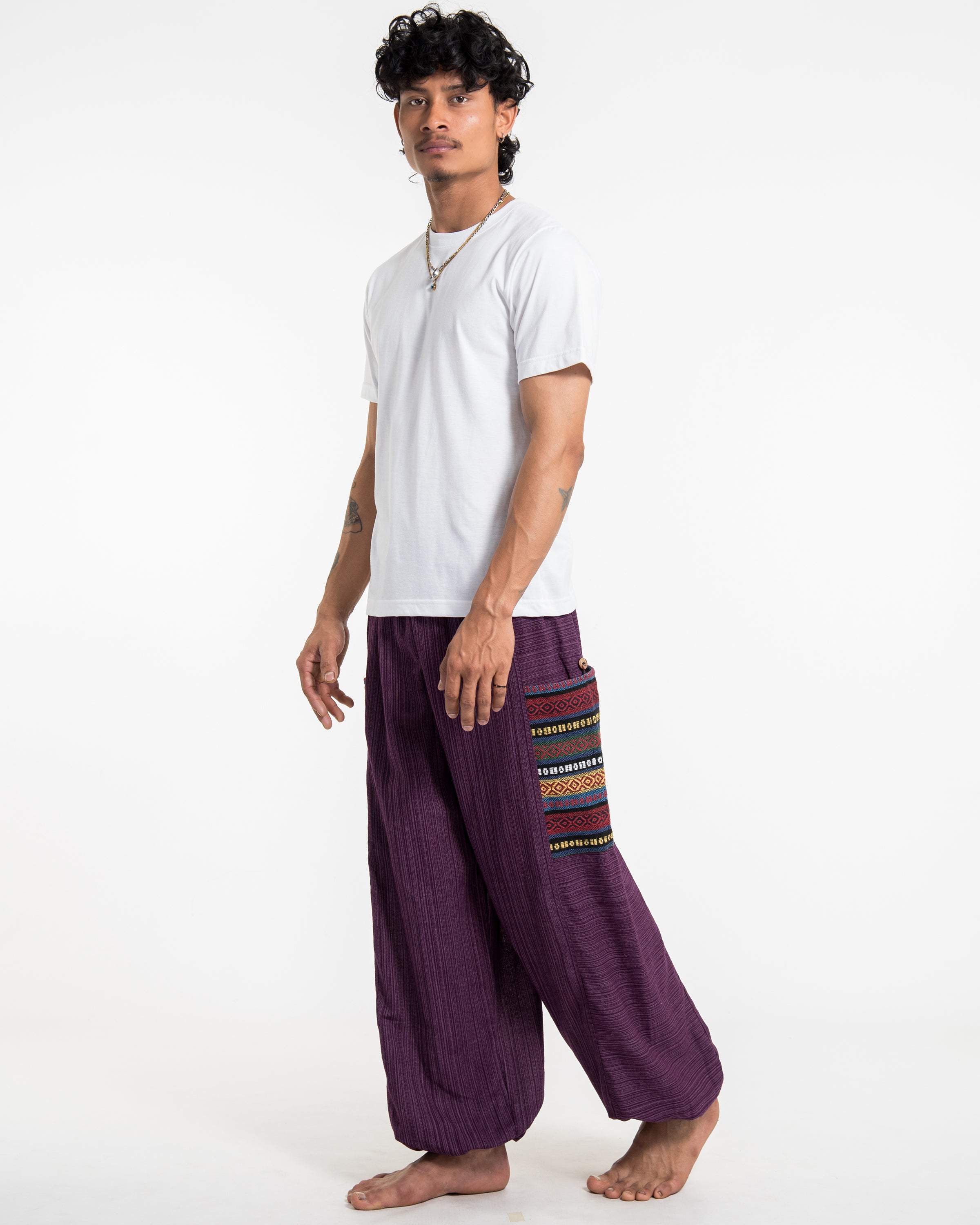 Men's Drawstring Pinstripes Cotton Pants with Aztec Pocket in Purple