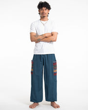 Men's Drawstring Pinstripes Cotton Pants with Aztec Pocket in Turquoise