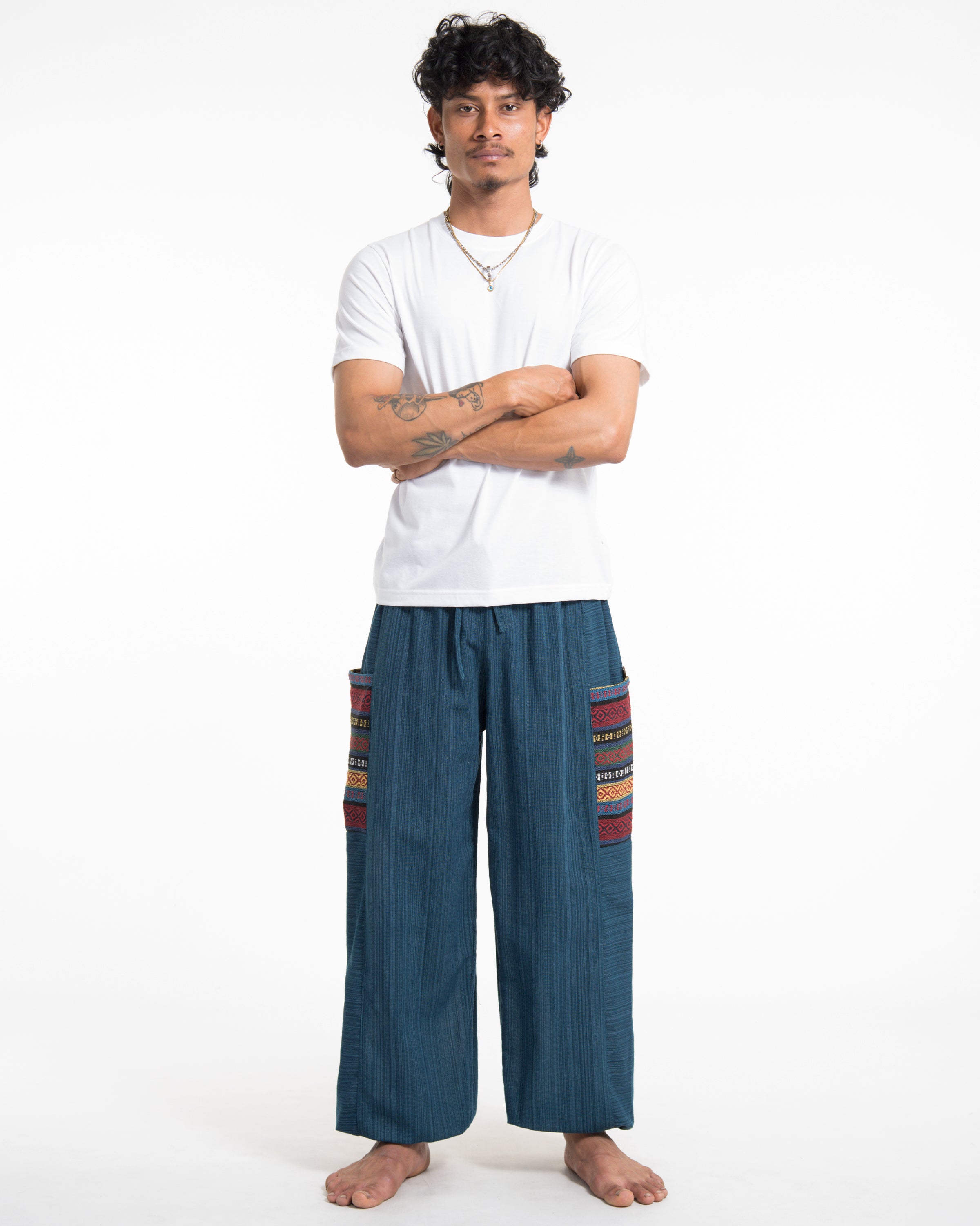 Men's Drawstring Pinstripes Cotton Pants with Aztec Pocket in Turquoise