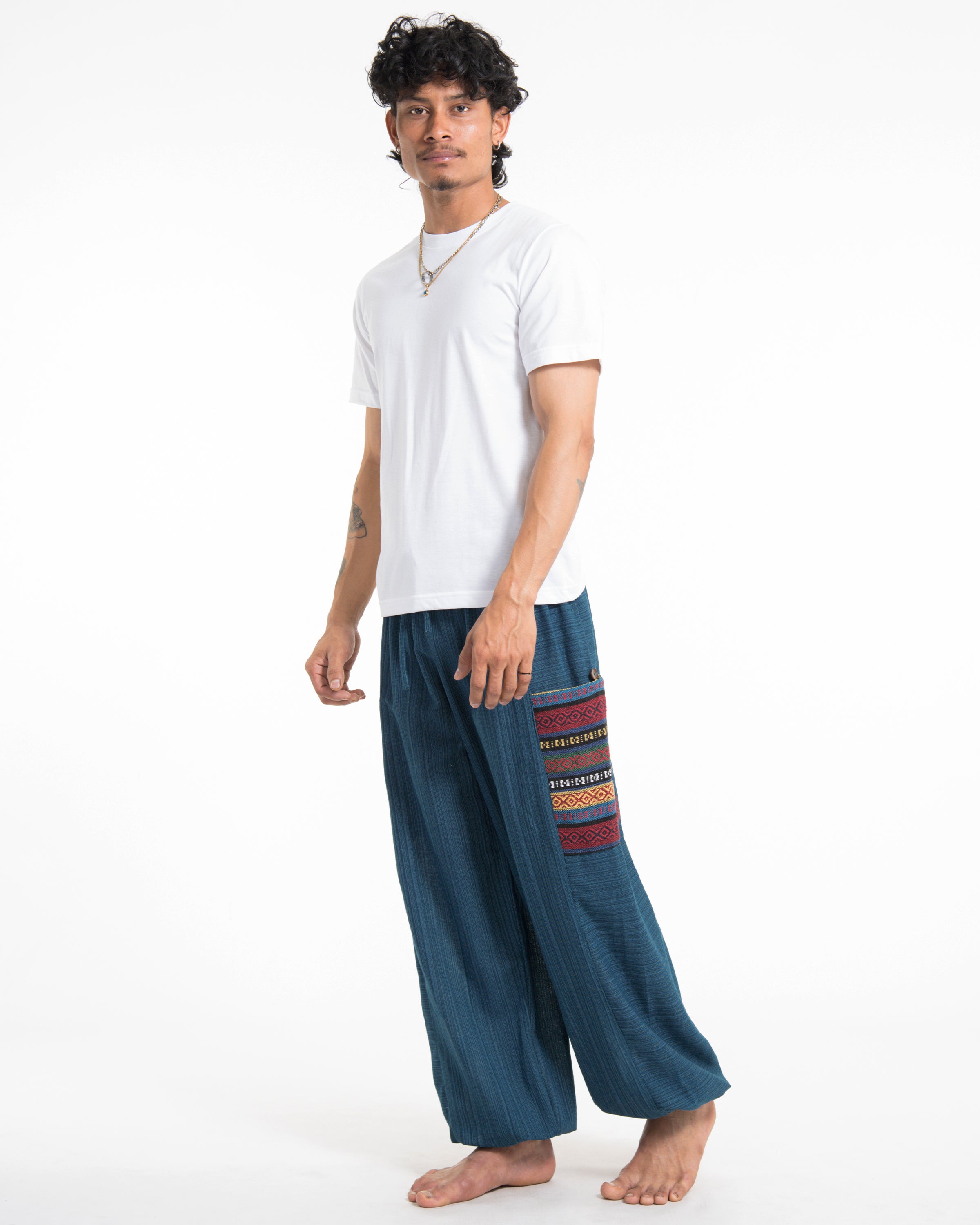 Men's Drawstring Pinstripes Cotton Pants with Aztec Pocket in Turquoise