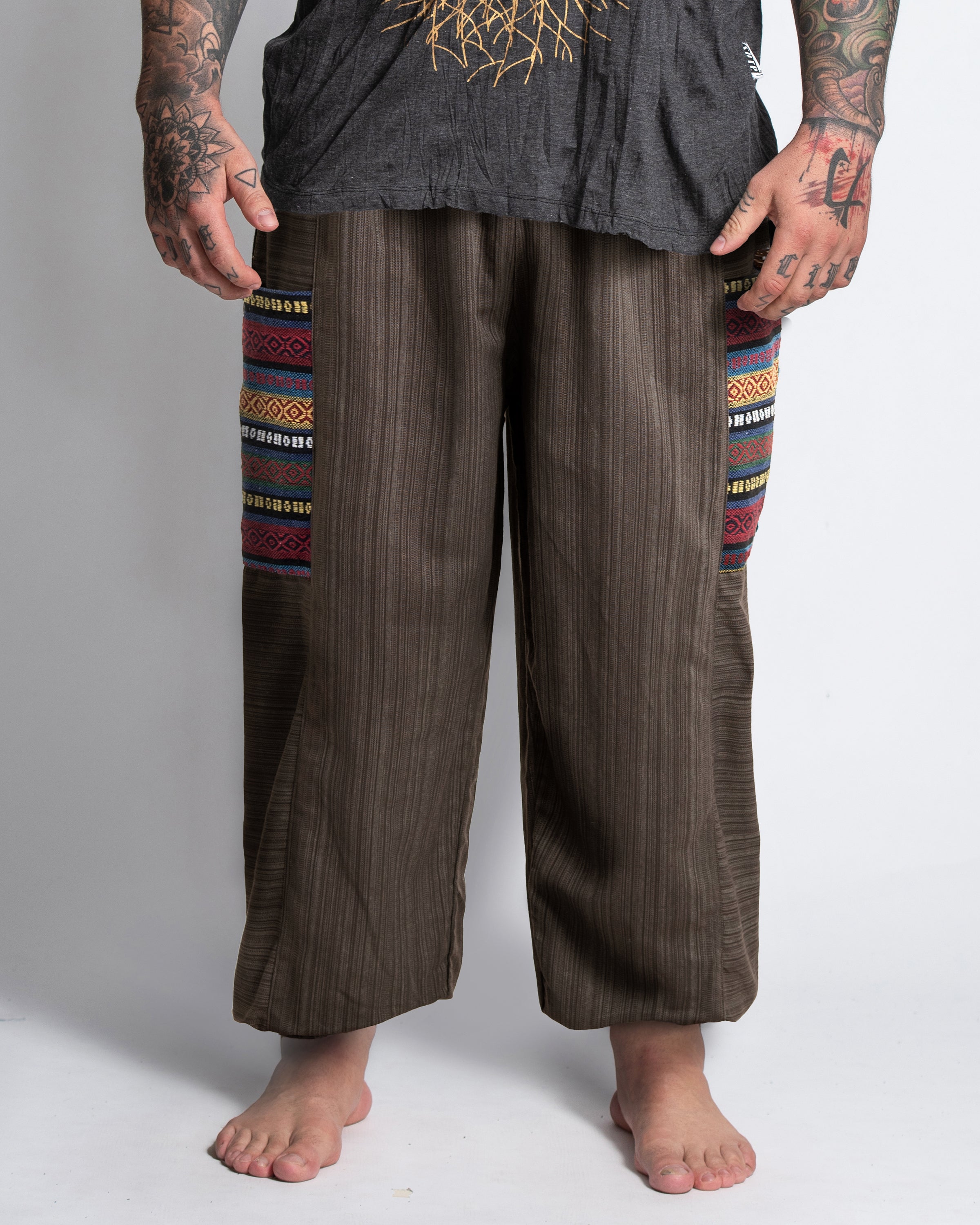 Plus Size Men's Drawstring Pinstripes Cotton Pants with Aztec Pocket in Brown