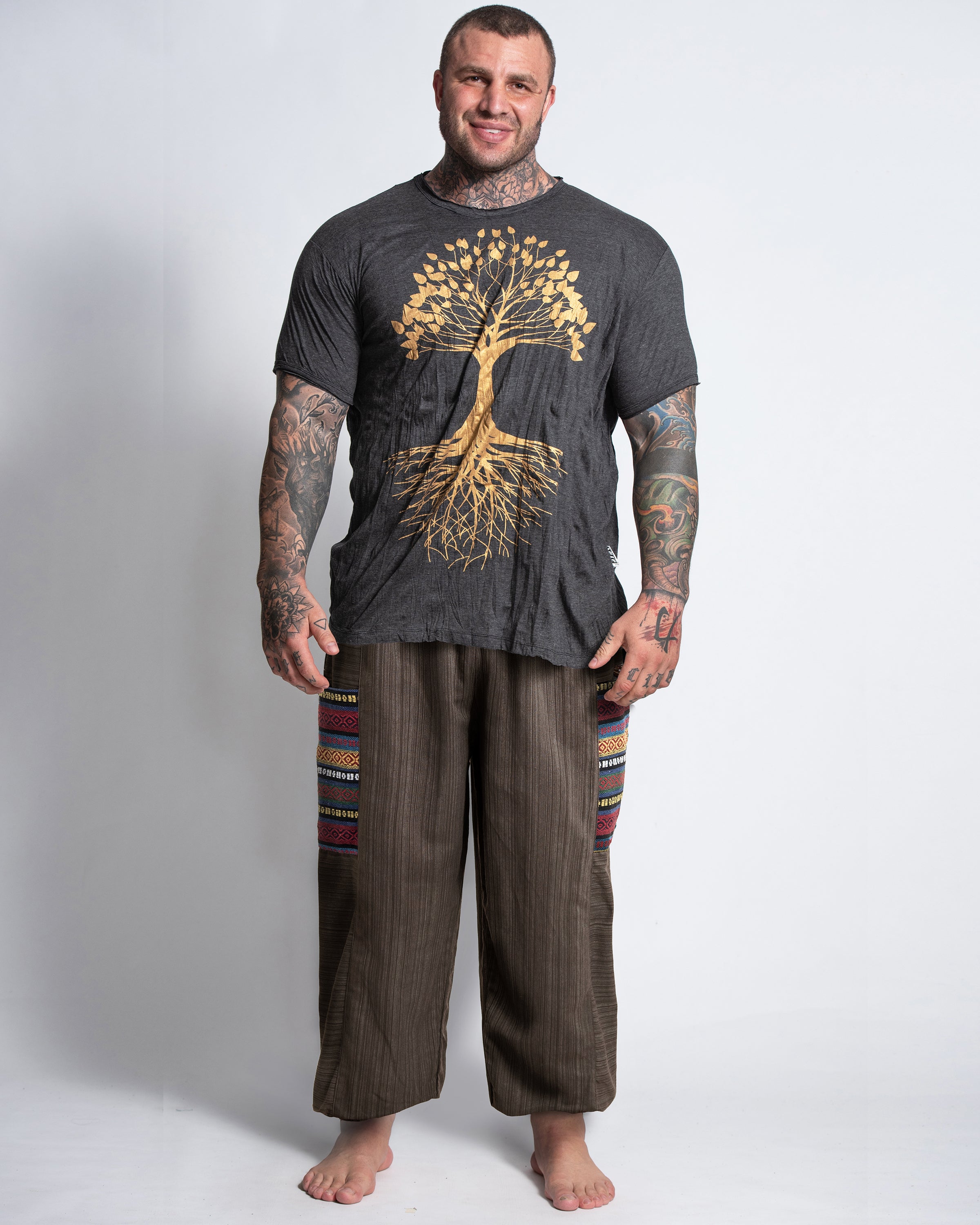 Plus Size Men's Drawstring Pinstripes Cotton Pants with Aztec Pocket in Brown