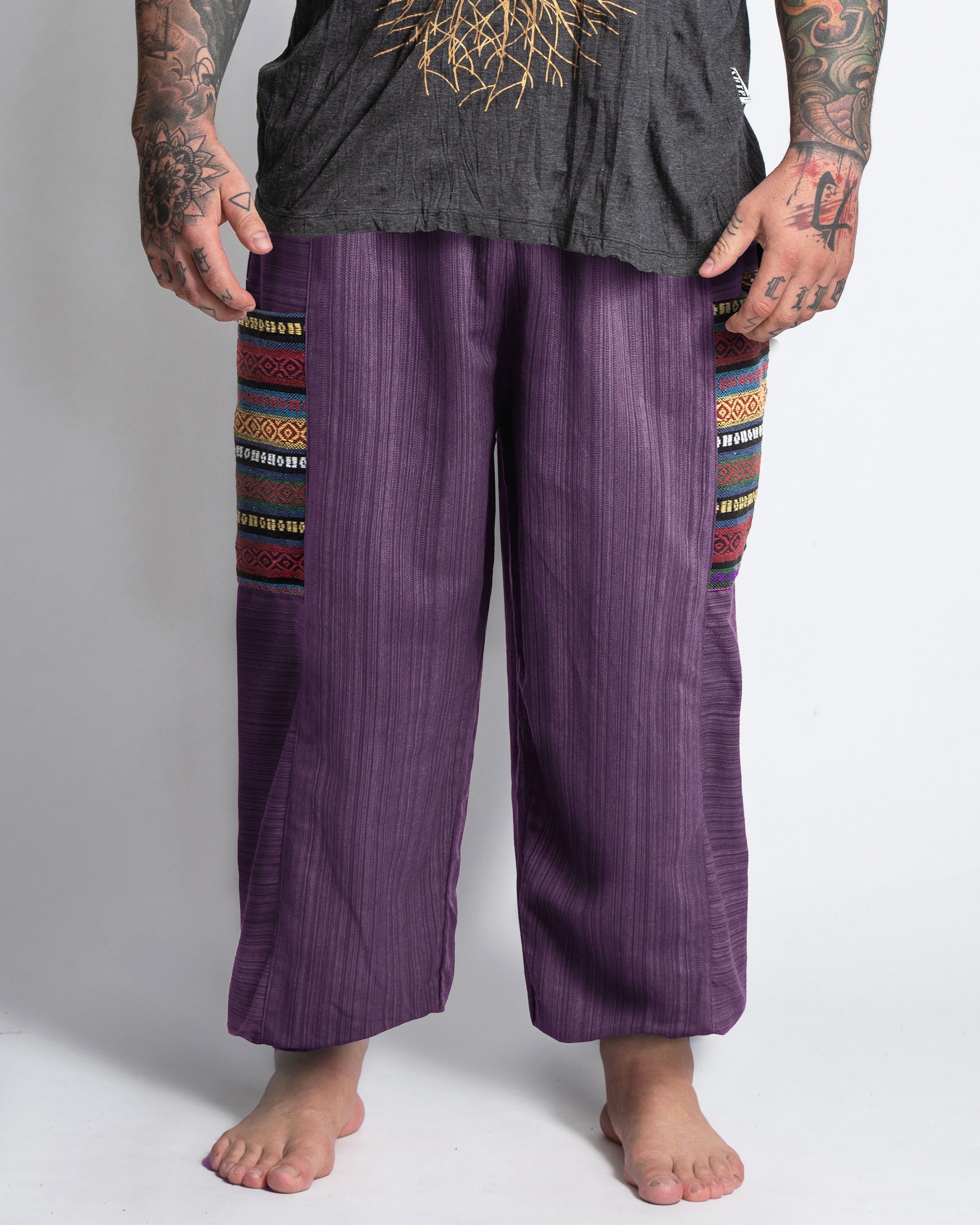 Plus Size Men's Drawstring Pinstripes Cotton Pants with Aztec Pocket in Purple