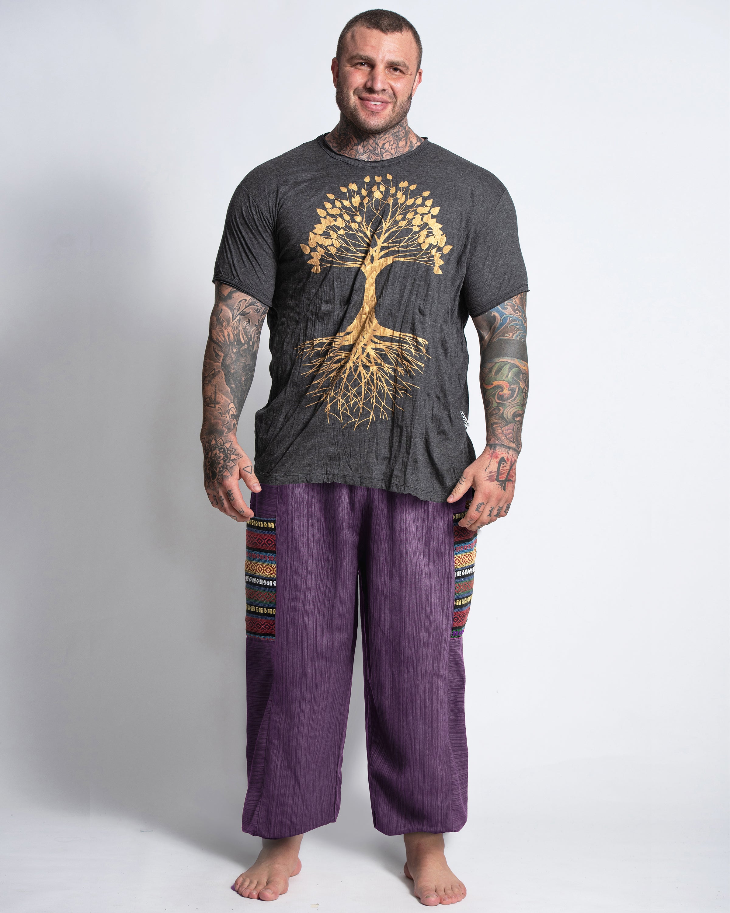 Plus Size Men's Drawstring Pinstripes Cotton Pants with Aztec Pocket in Purple