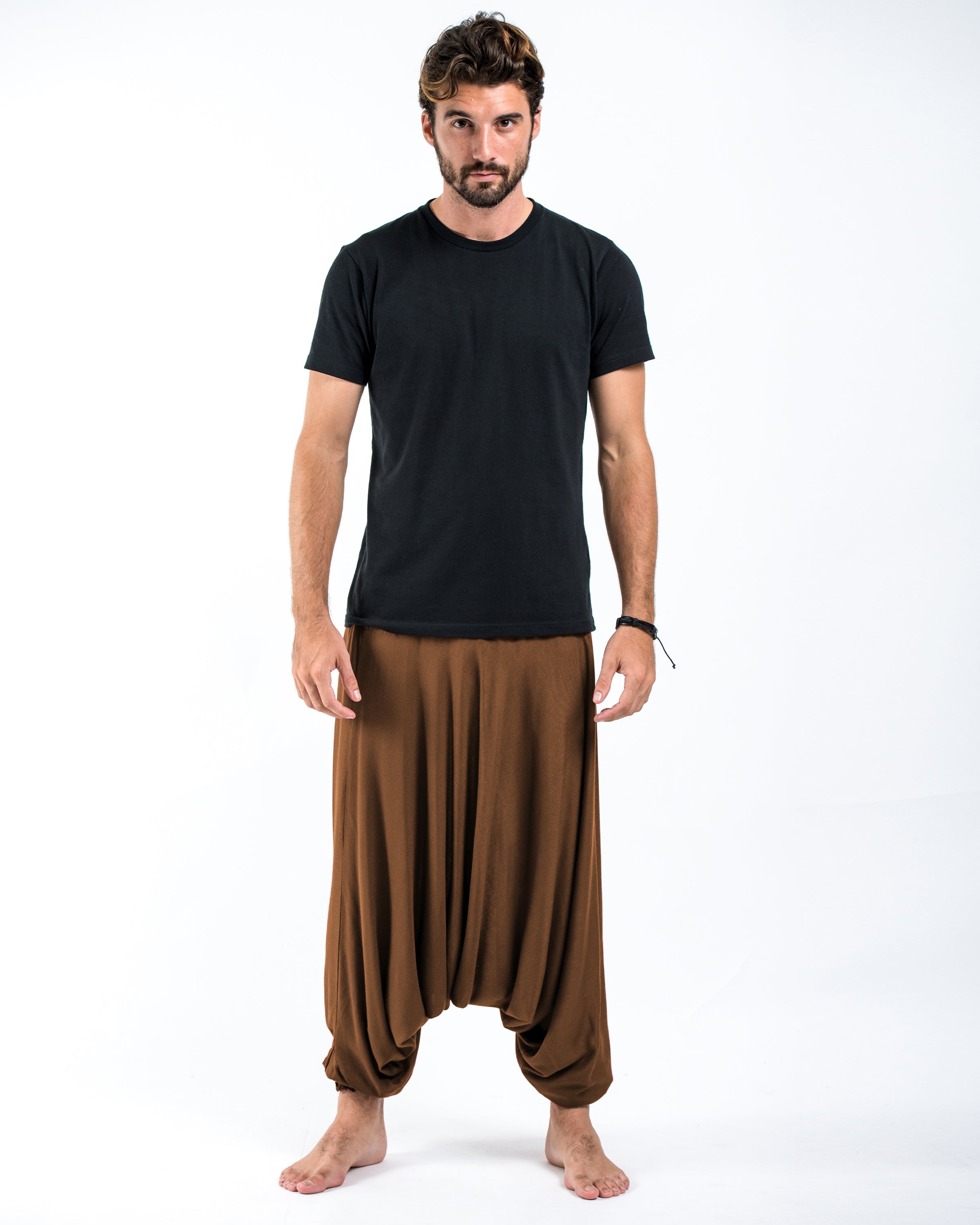 Solid Color Drop Crotch Men's Harem Pants in Brown