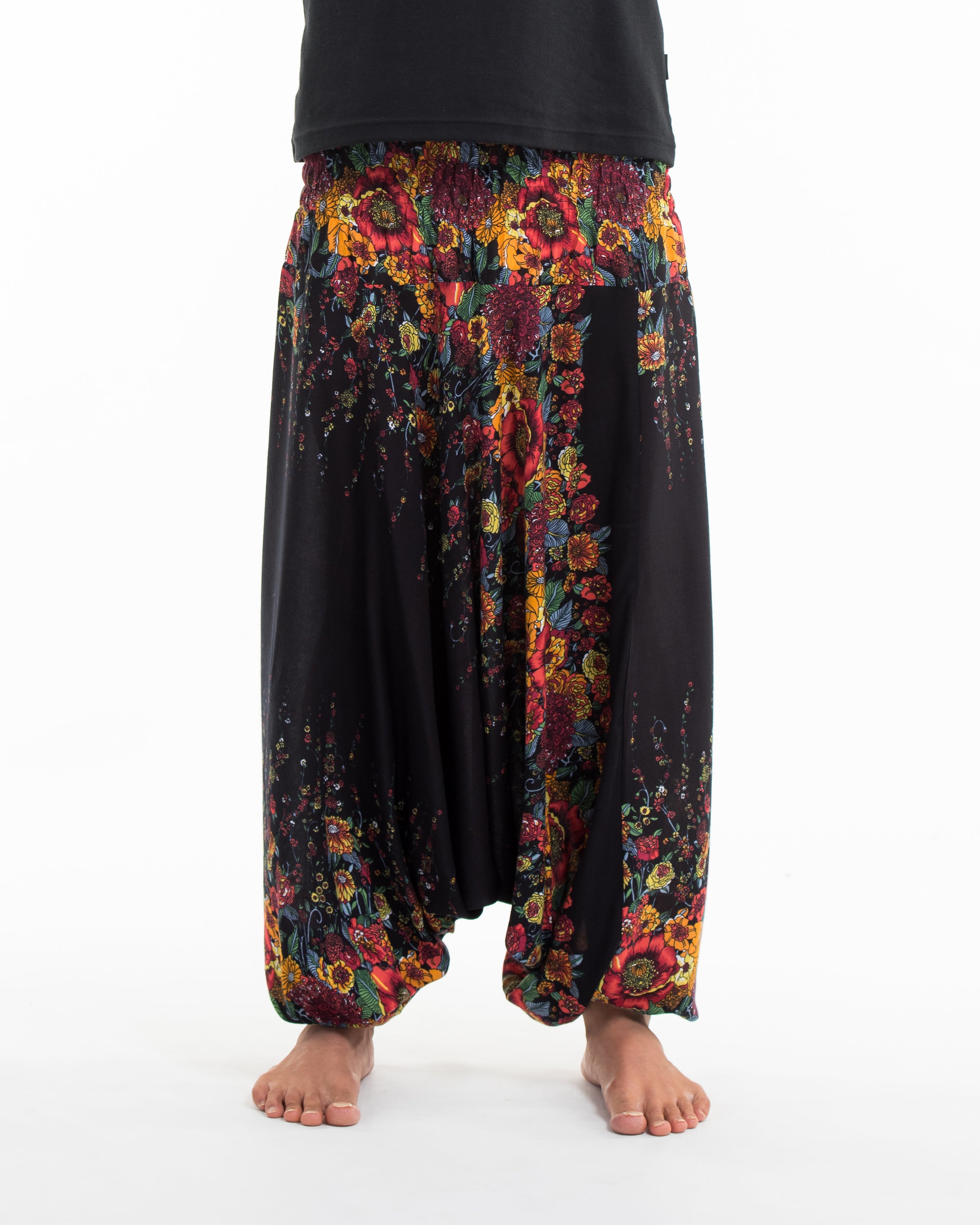 Floral Drop Crotch Men's Harem Pants in Black