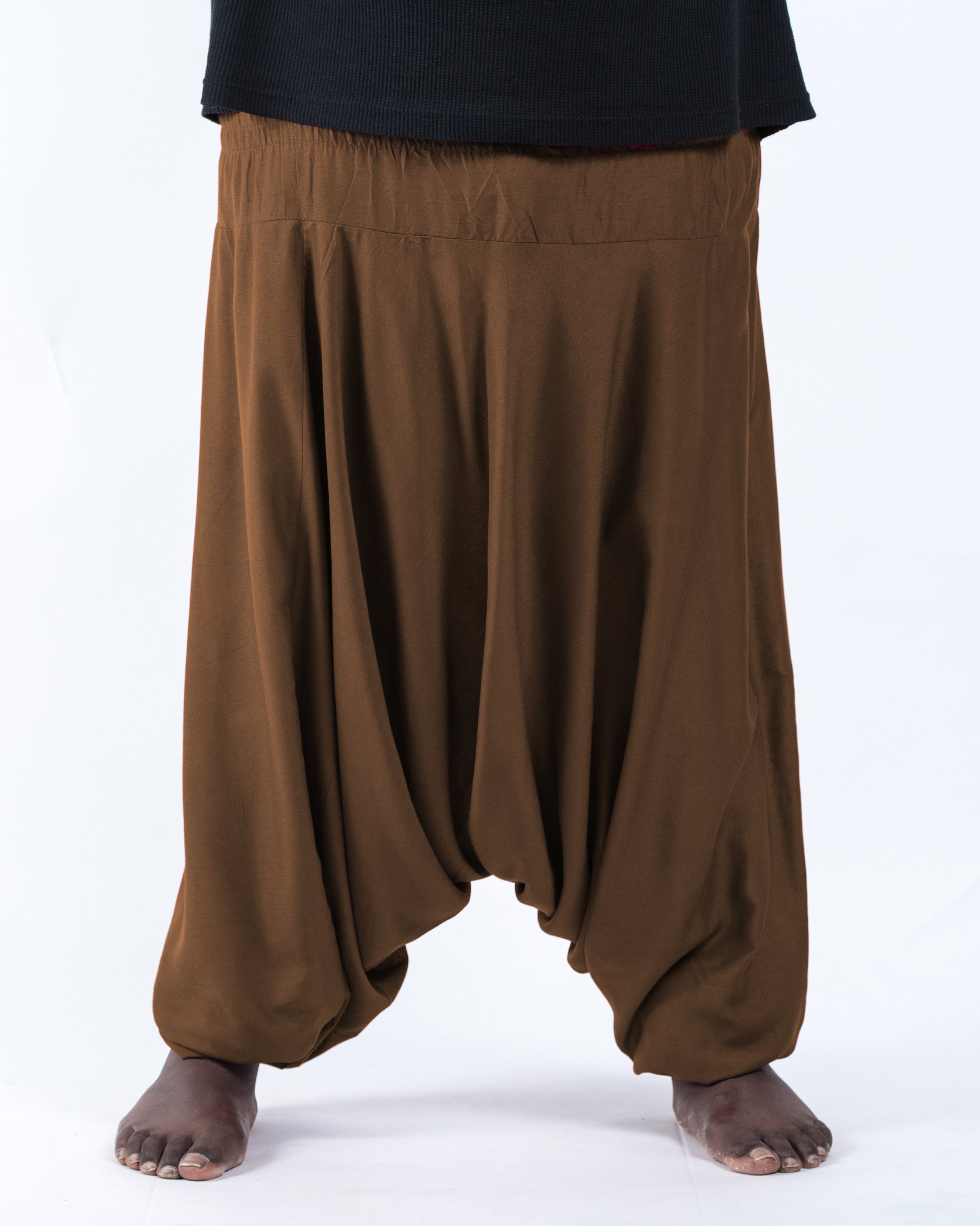Plus Size Solid Color Drop Crotch Men's Harem Pants in Brown
