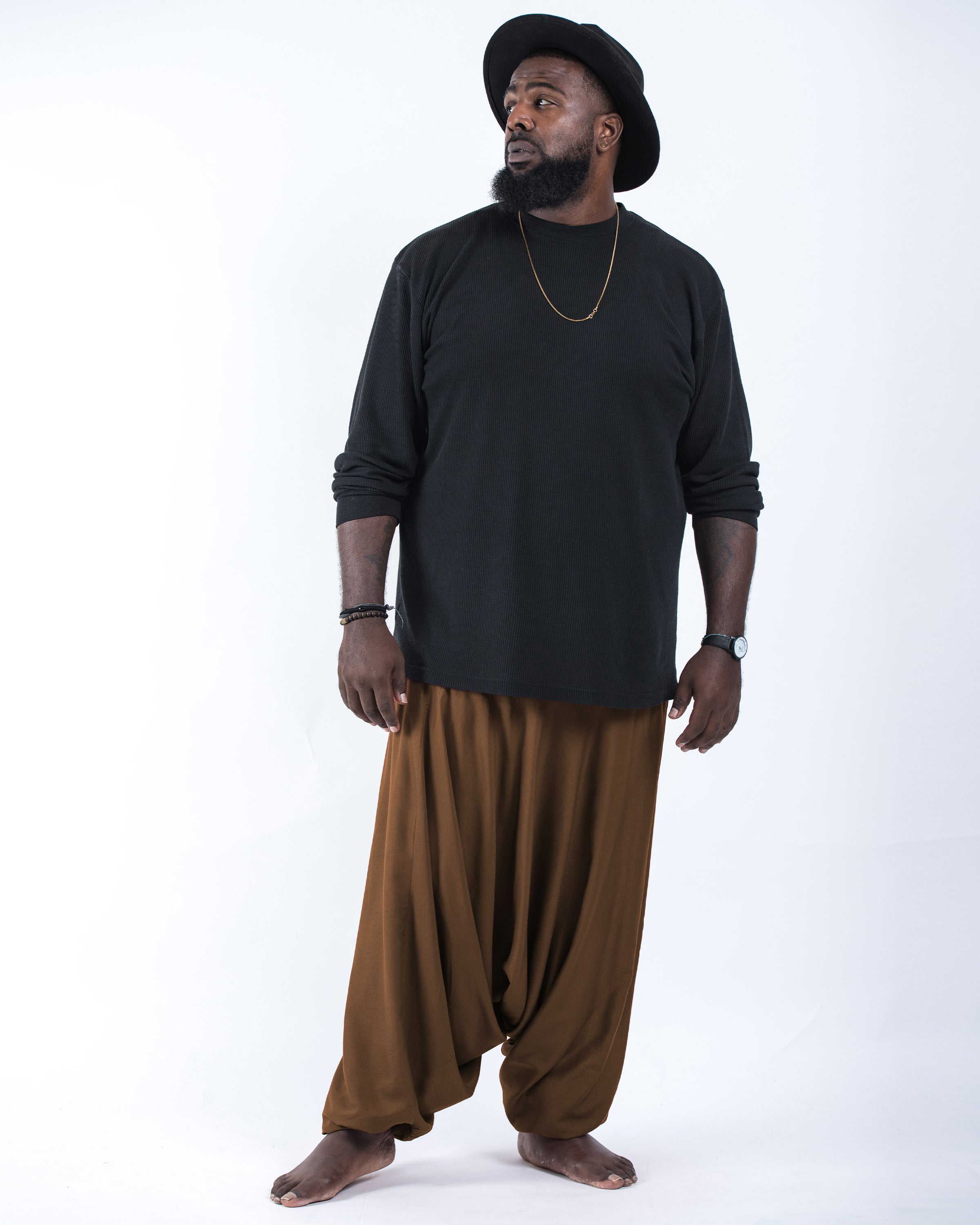 Plus Size Solid Color Drop Crotch Men's Harem Pants in Brown