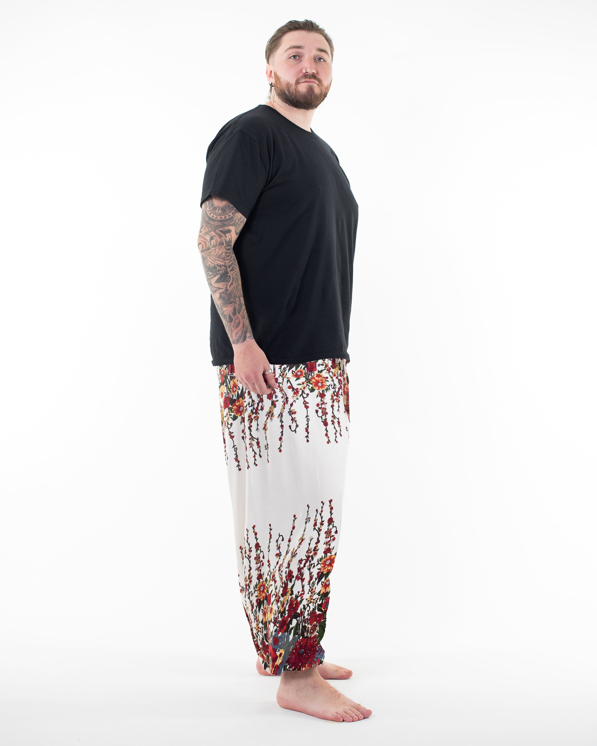 Plus Size Floral Drop Crotch Men's Harem Pants in White