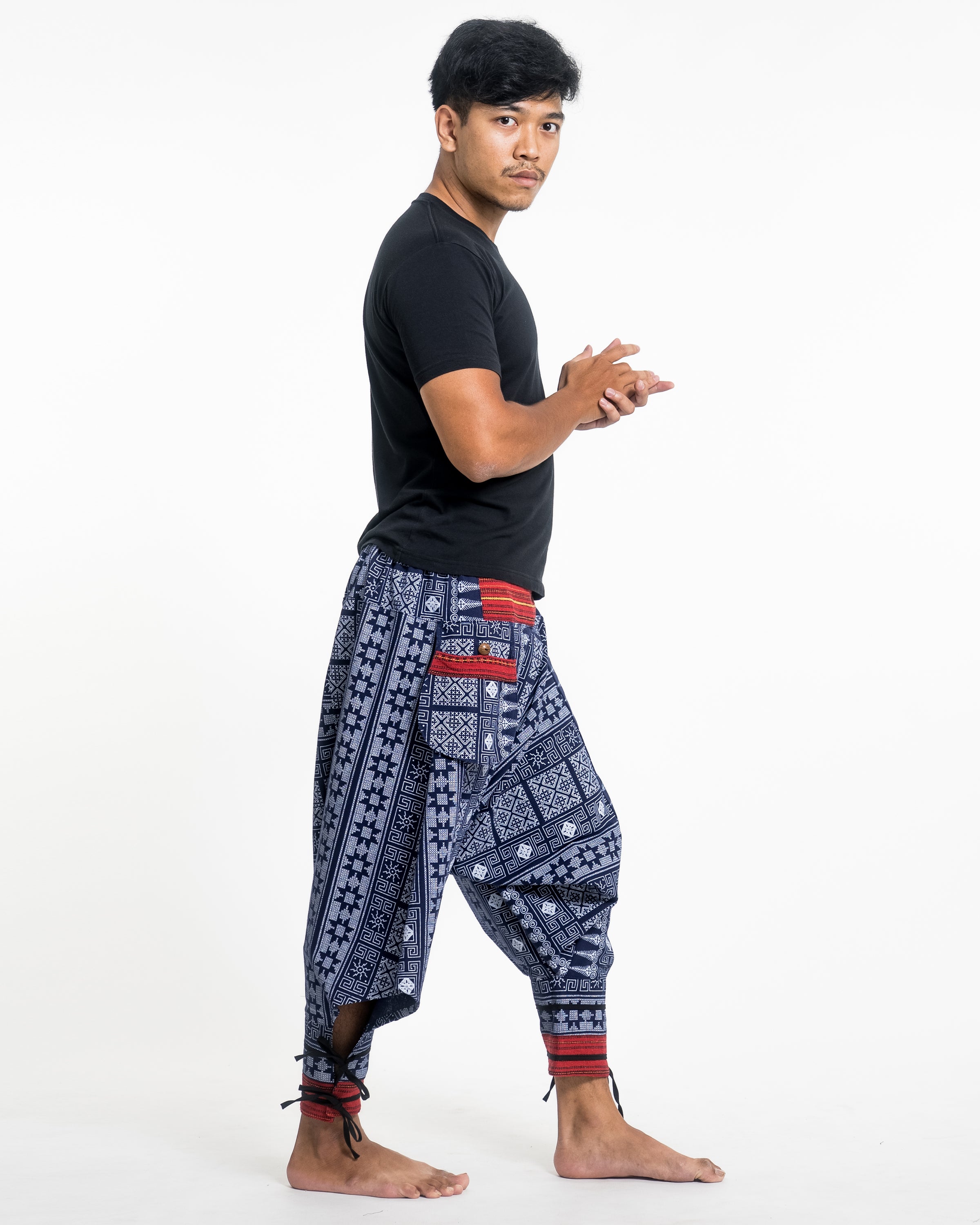 Traditional Prints Thai Hill Tribe Fabric Men's Harem Pants with Ankle Straps in Blue