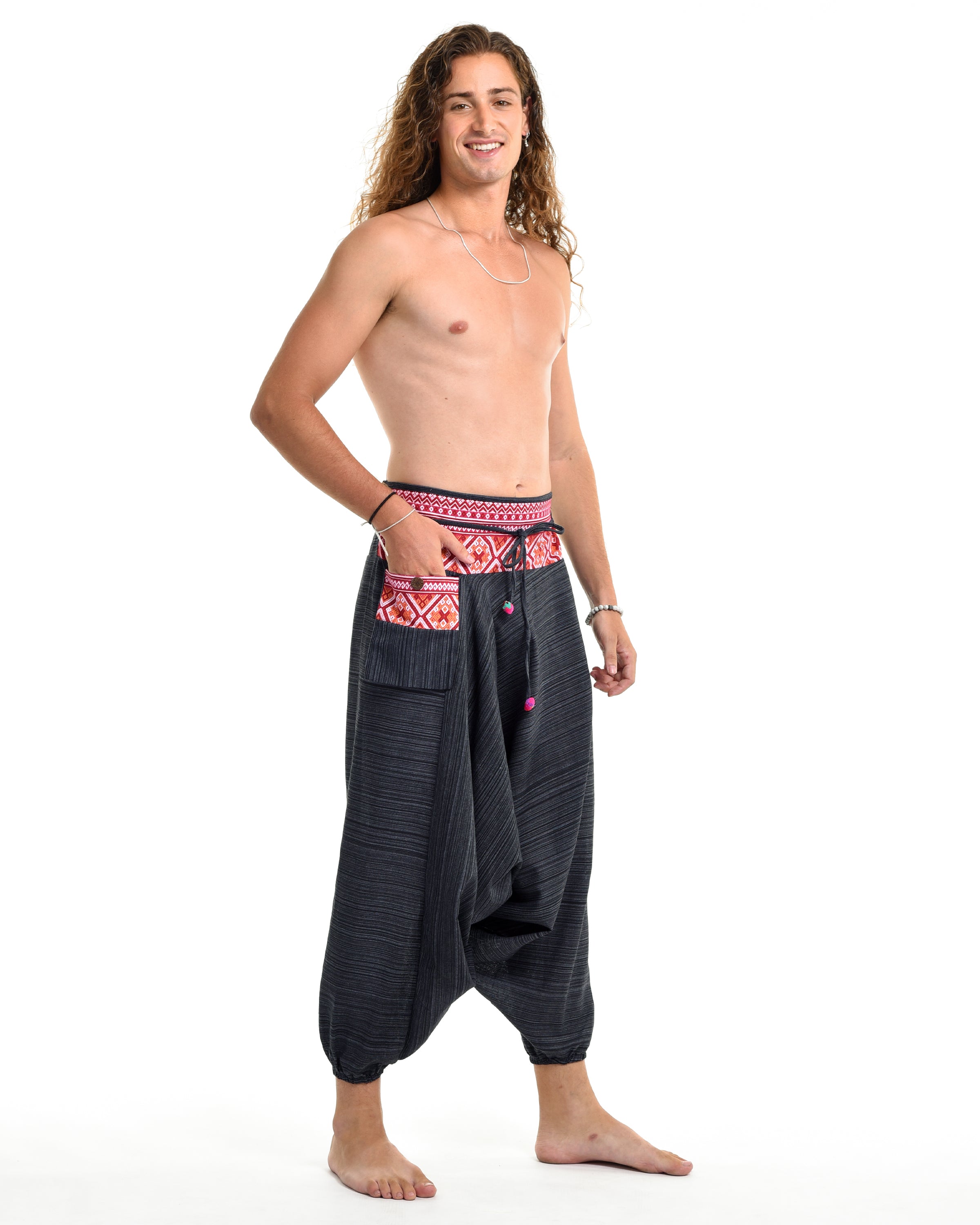Pinstripe Cotton Low Cut Men's Harem Pants With Hill Tribe Trim Black