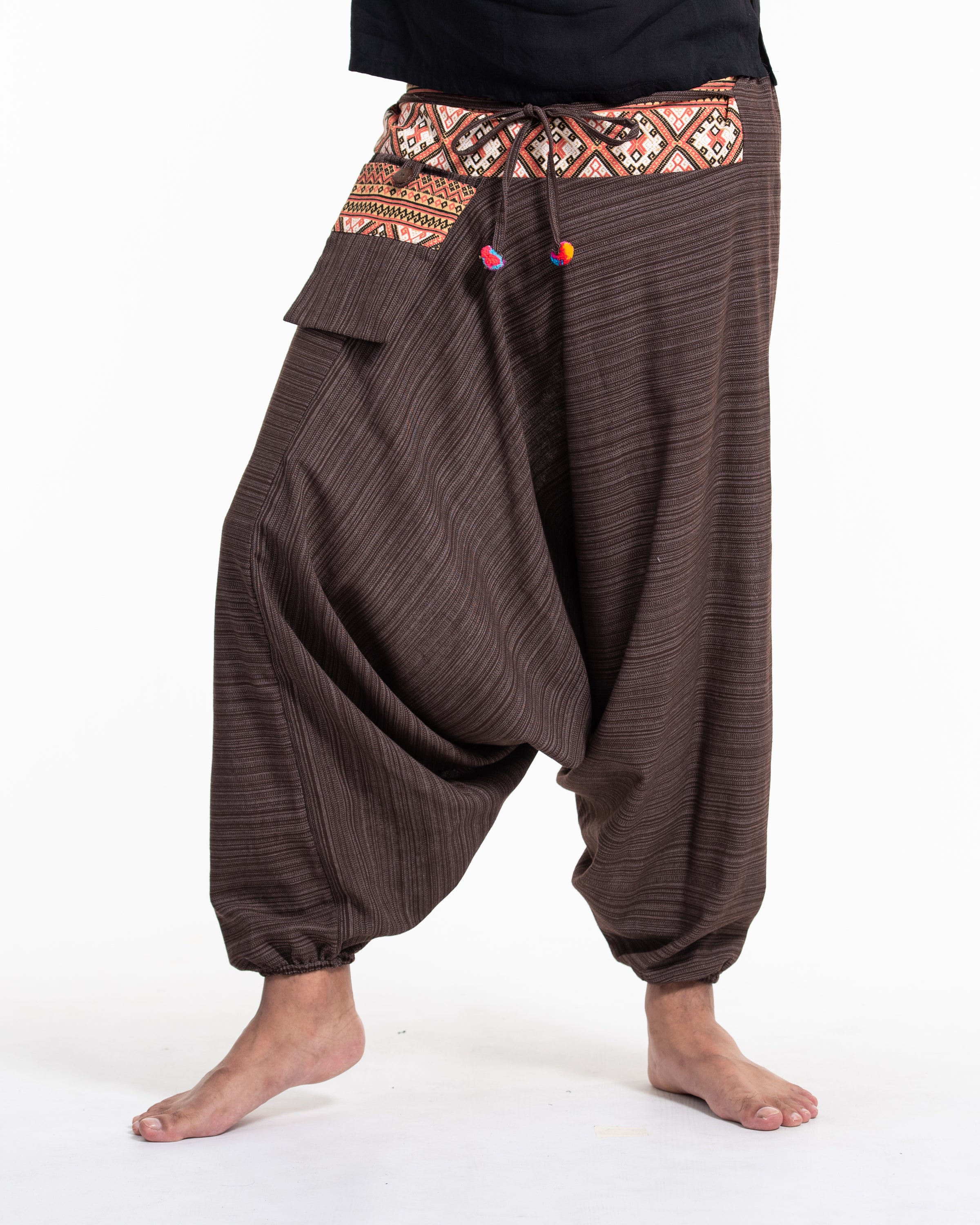 Pinstripe Cotton Low Cut Men's Harem Pants With Hill Tribe Trim Brown