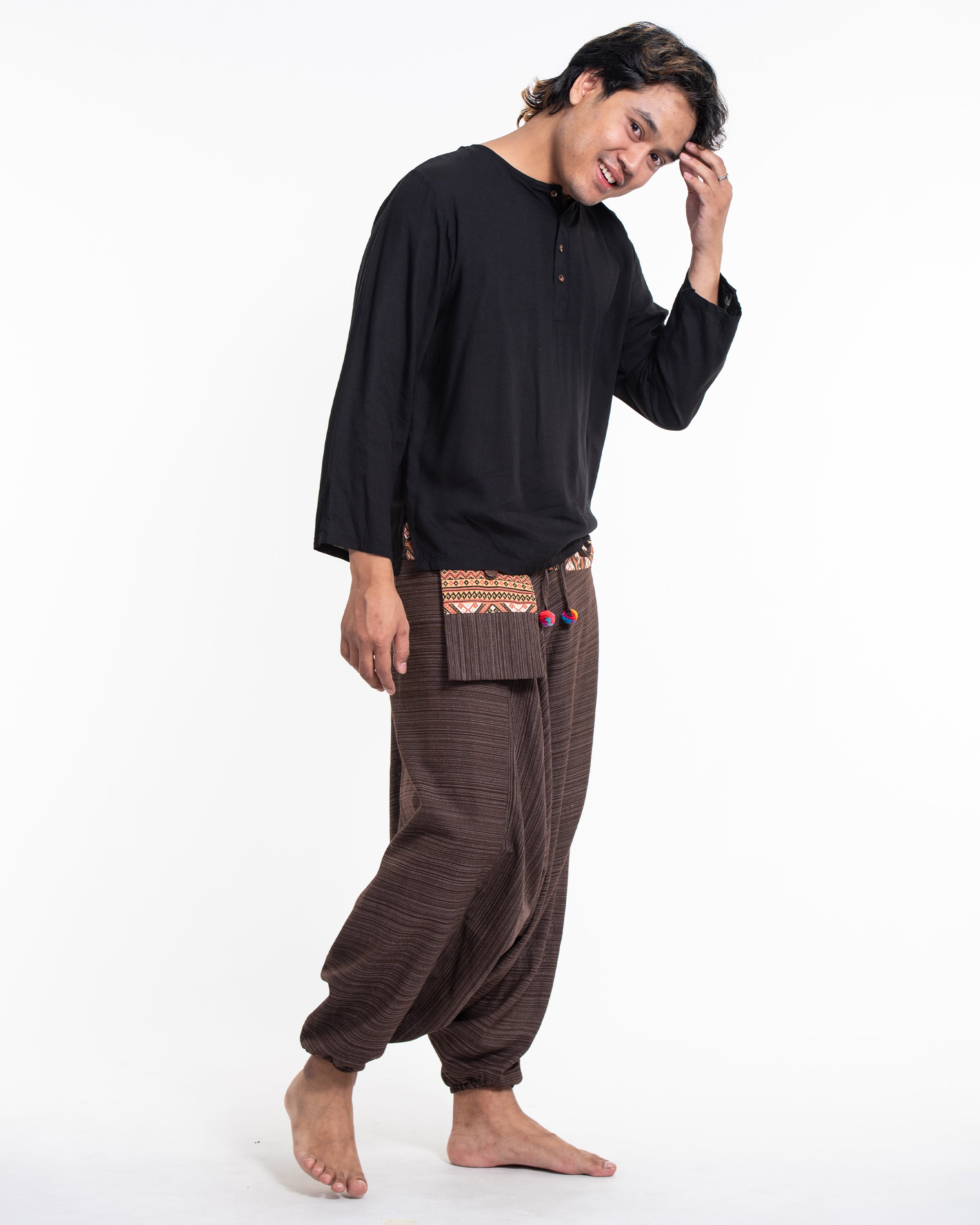 Pinstripe Cotton Low Cut Men's Harem Pants With Hill Tribe Trim Brown