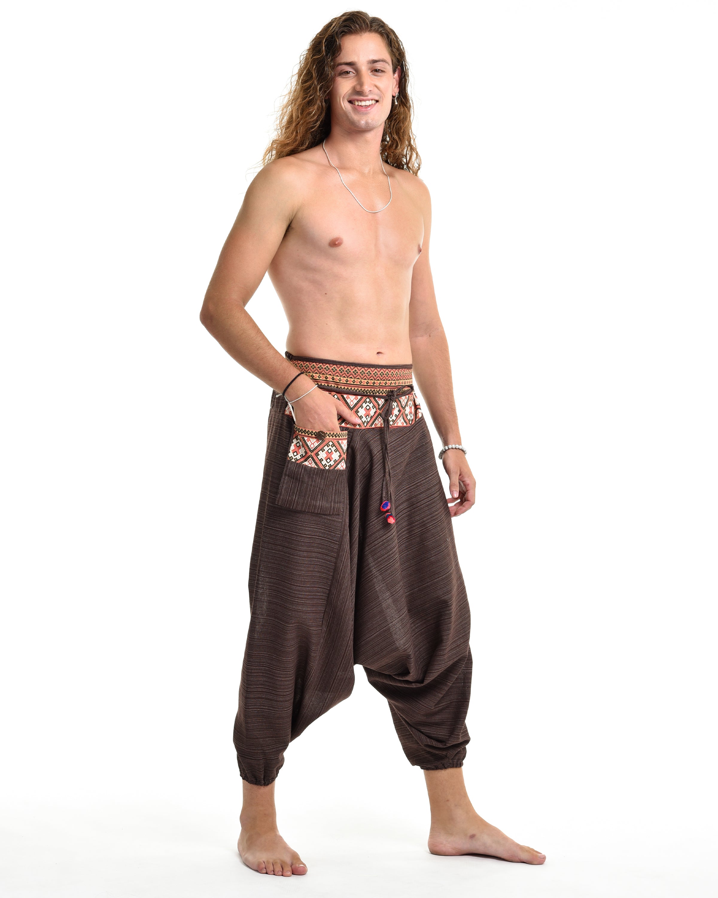 Pinstripe Cotton Low Cut Men's Harem Pants With Hill Tribe Trim Brown