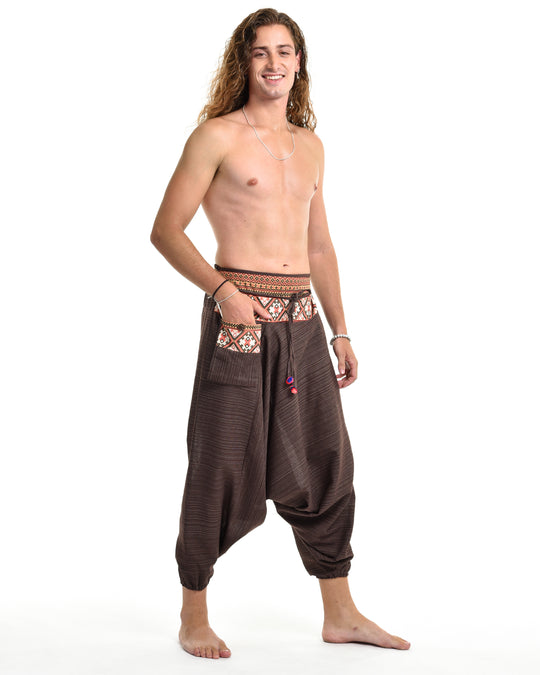 Pinstripe Cotton Low Cut Men's Harem Pants With Hill Tribe Trim Brown